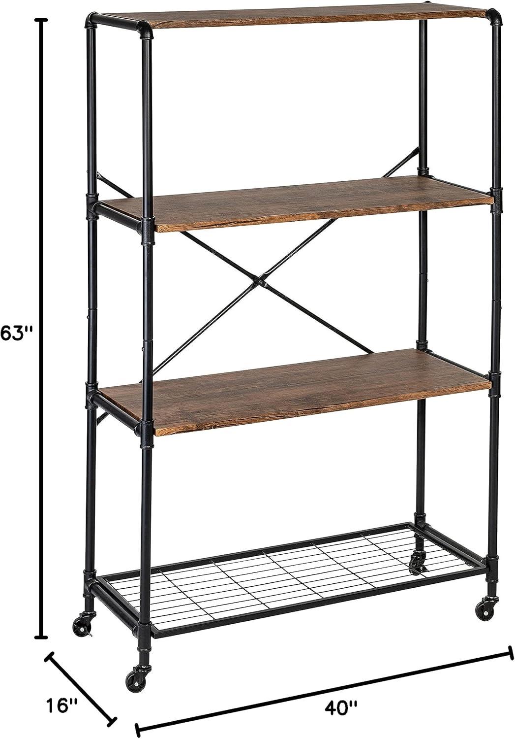 Honey-Can-Do 4-Shelf Steel and MDF Rolling Storage Bookshelf, Black/Rustic Brown, Holds up to 50 lb per Shelf