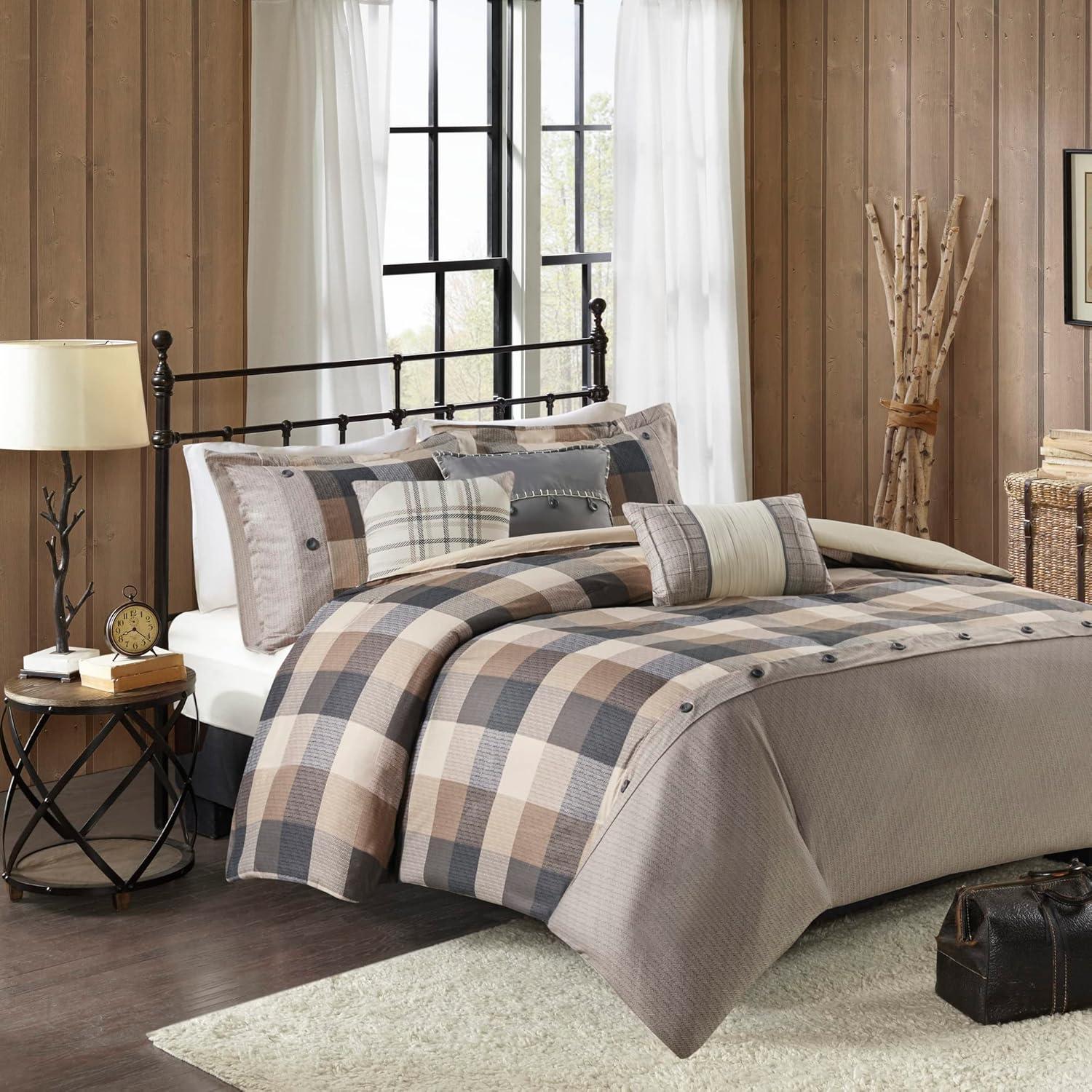 King/California King Neutral Herringbone Plaid Duvet Cover Set