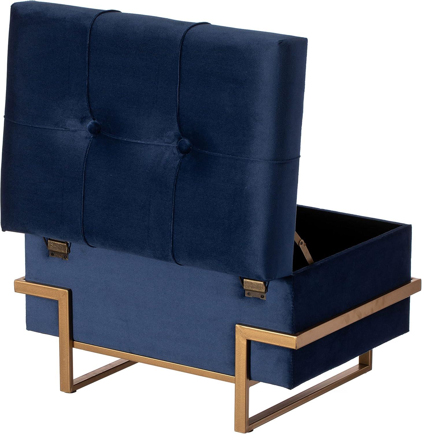 Blue Velvet Rectangular Ottoman with Golden Abstract Legs and Storage