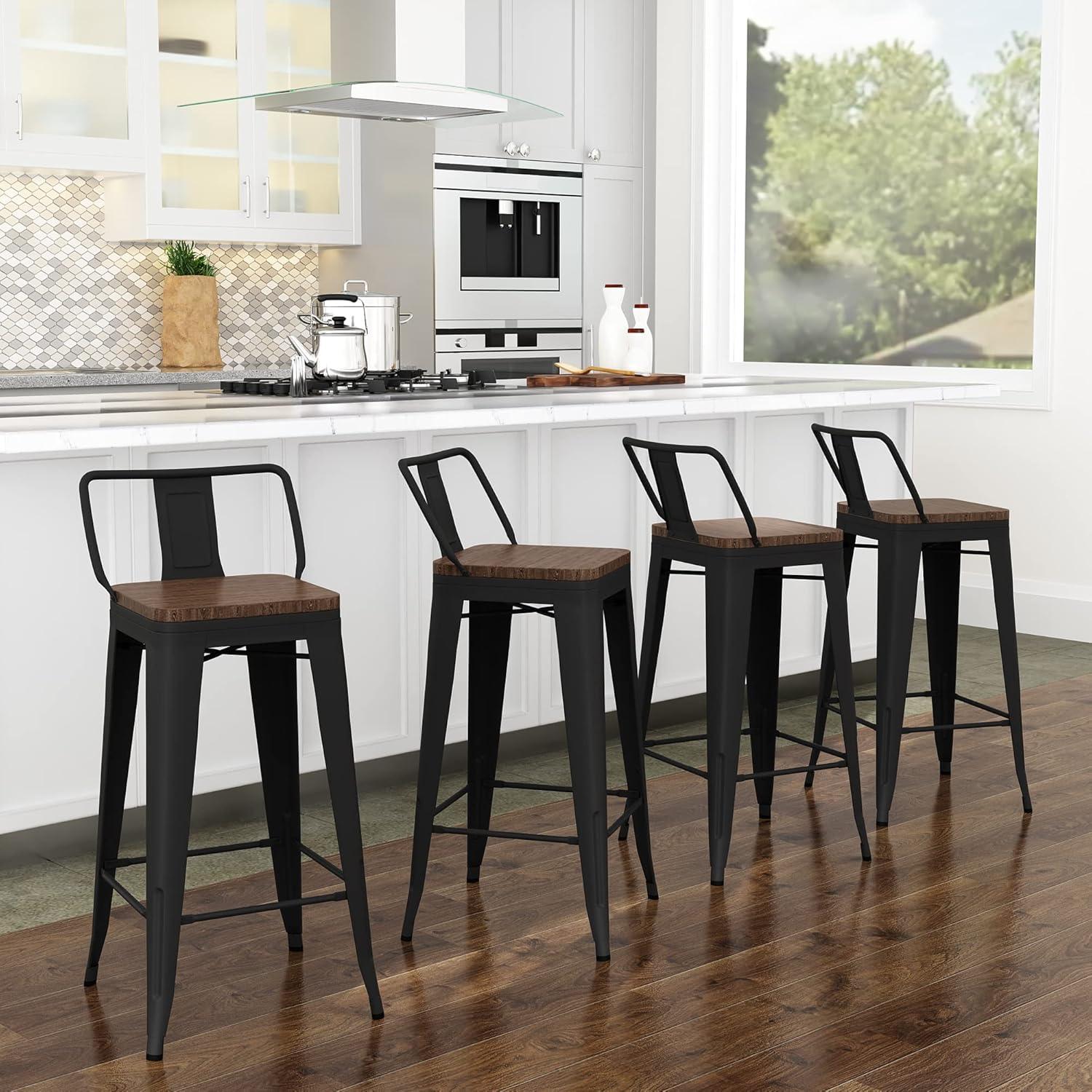 Killeryuki 24'' Metal Bar Stool 4PCS Low Back Conuter Stools for Indoor/Outdoor Barstools Metal Black Stools Bar Chairs w/Wooden Seat Metal Leg Industrial Counter Height Stools Black