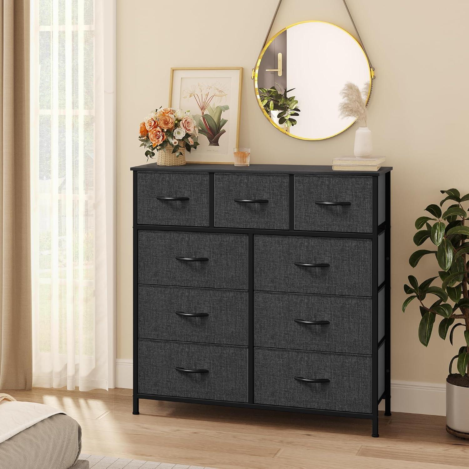 Black Gray 9-Drawer Fabric Storage Tower with Wooden Top