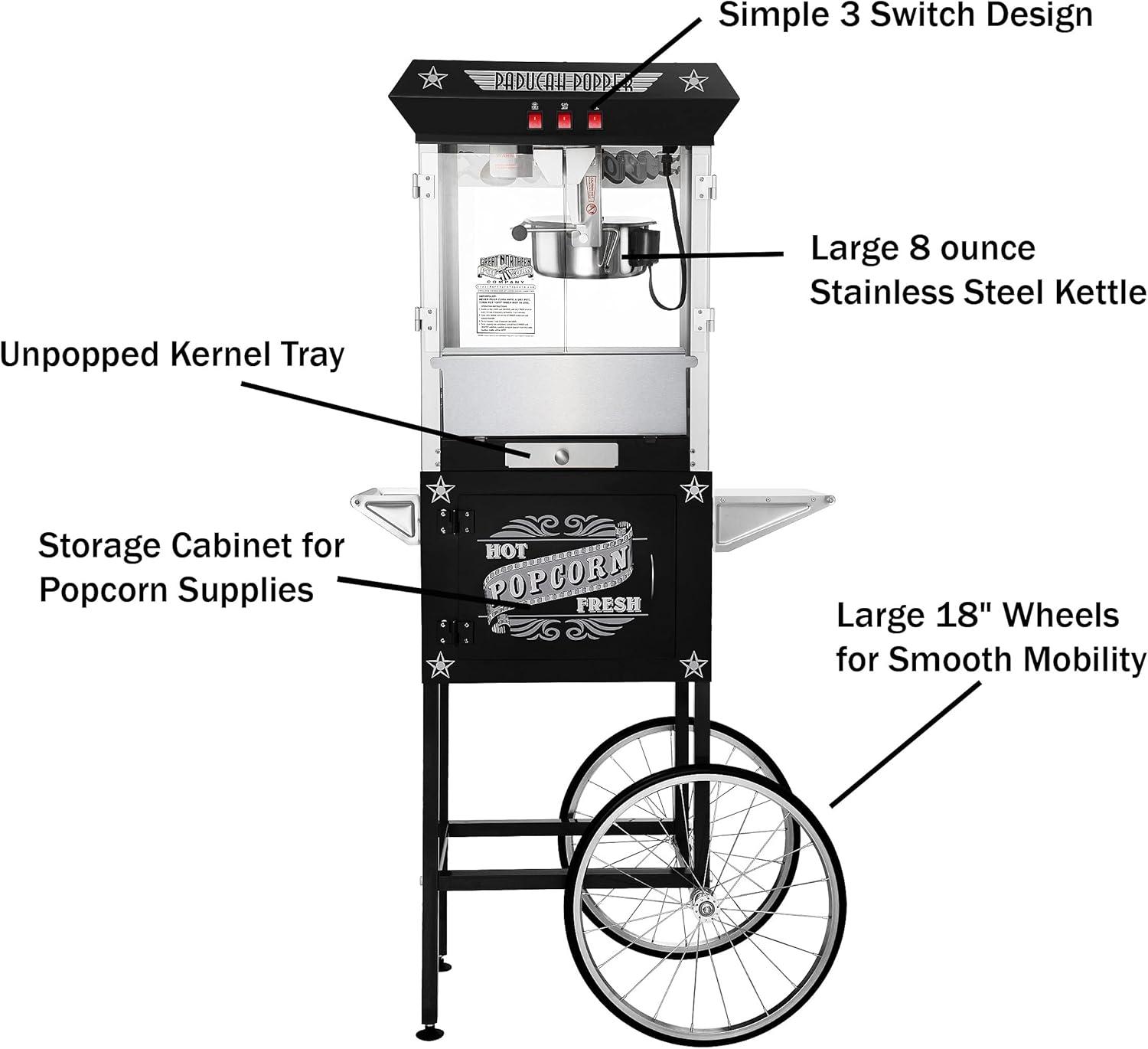 Great Northern Popcorn 8 oz. Kettle Antique-Style Popcorn Popper Machine With Cart - Black