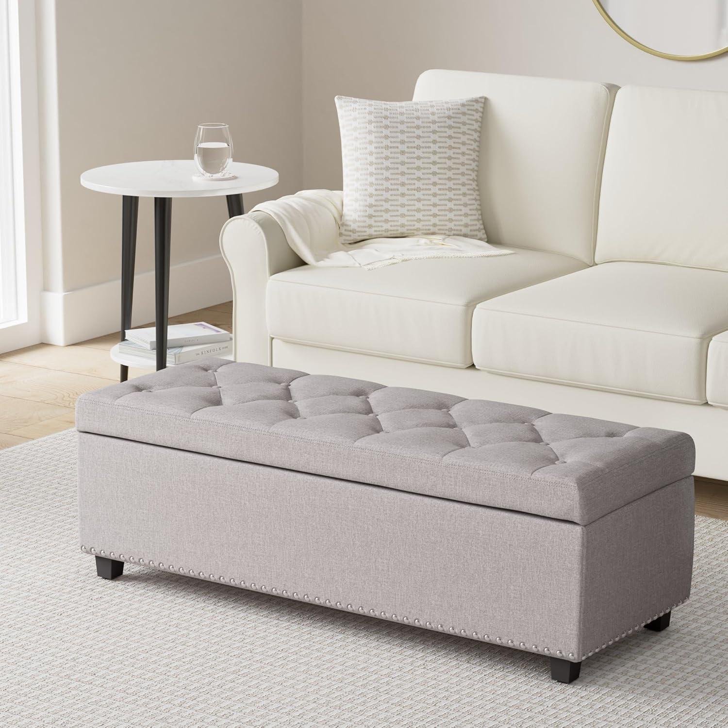 Simpli Home Hamilton 48" Transitional Rectangle Ottoman in Cloud Gray Linen Look Fabric