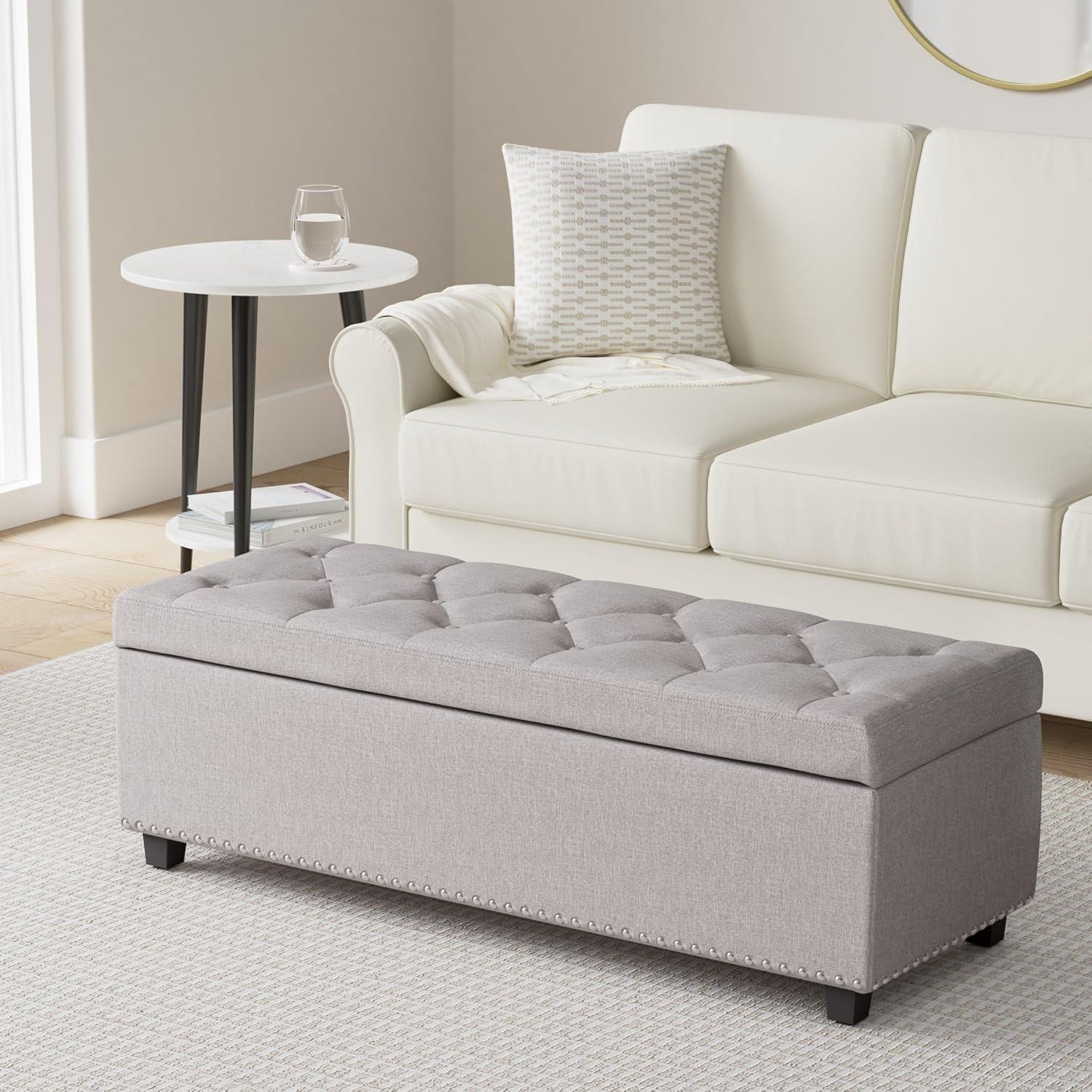 Simpli Home Hamilton 48"W Upholstered Storage Ottoman Bench with Lift-Top Lid, Tufted Design, and Nailhead Trim