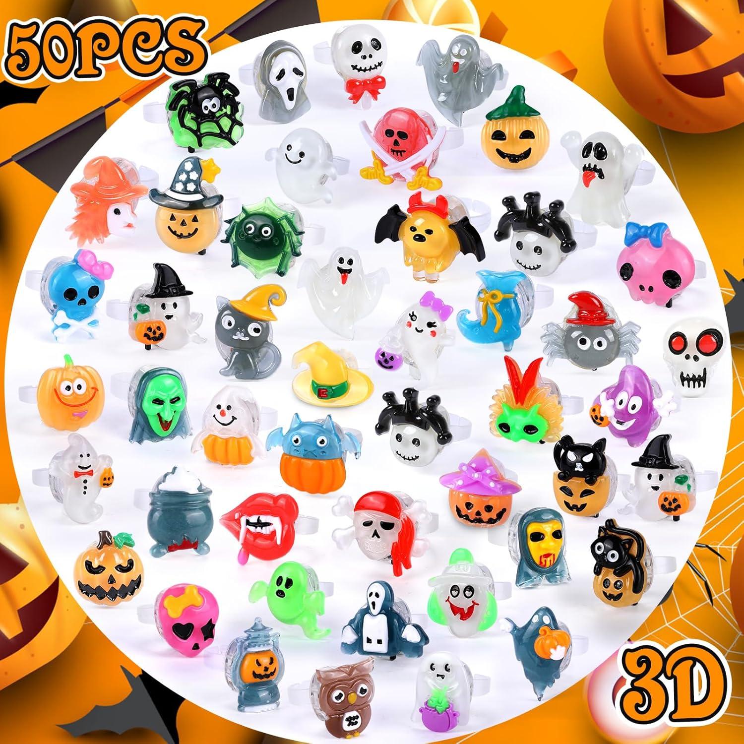 50pcs 3D Halloween Treats Toys Bulk Light Up Rings Gifts Halloween Party Favors for Kids Flashing LED Glow In The Dark Party Supplies Goodie Bag Fillers Stuffers Non Candy Treats Prizes Decorations