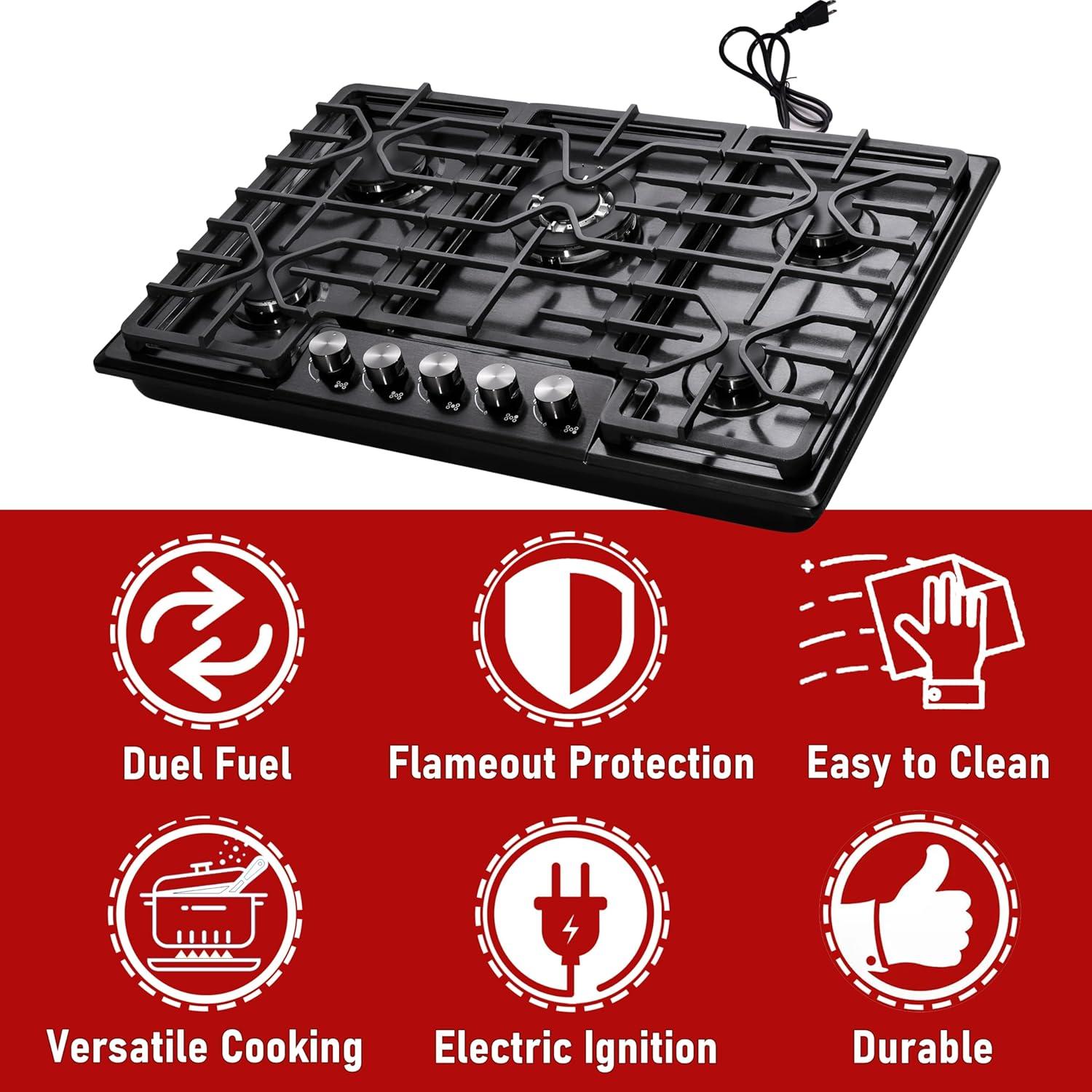 30 Inch Stainless Steel 5 Burner Gas Cooktop with Cast Iron Grates