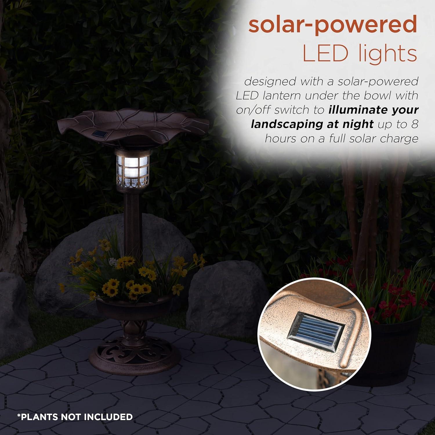 Bronze Outdoor Pedestal Birdbath with Planter and Solar LED