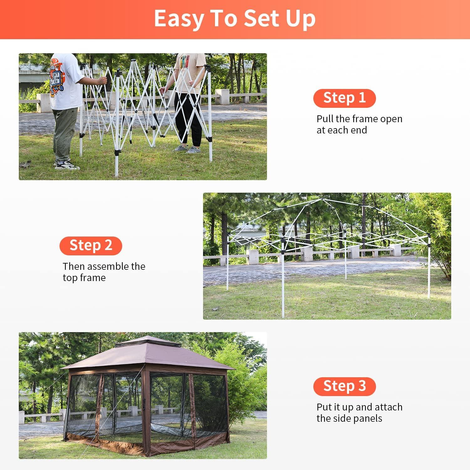 PayLessHere 10'x10' Pop up Gazebo Outdoor Canopy with Mosquito Netting Double Roof Tops ,Brown