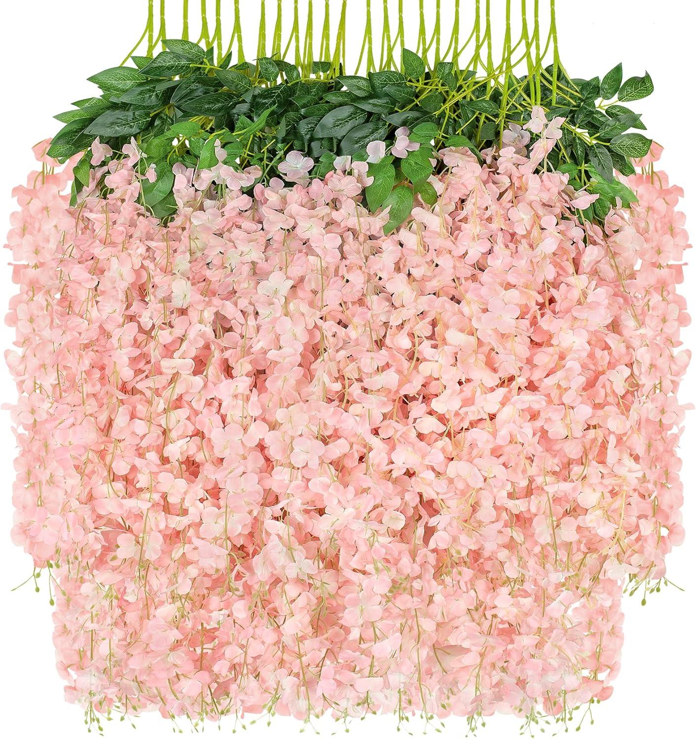 Wisteria Hanging Flowers 24 Pack Fake Flower Garland Artificial Wisteria Vines Rattan Silk Flower String Wedding Party Wall Decorations,Blush Pink