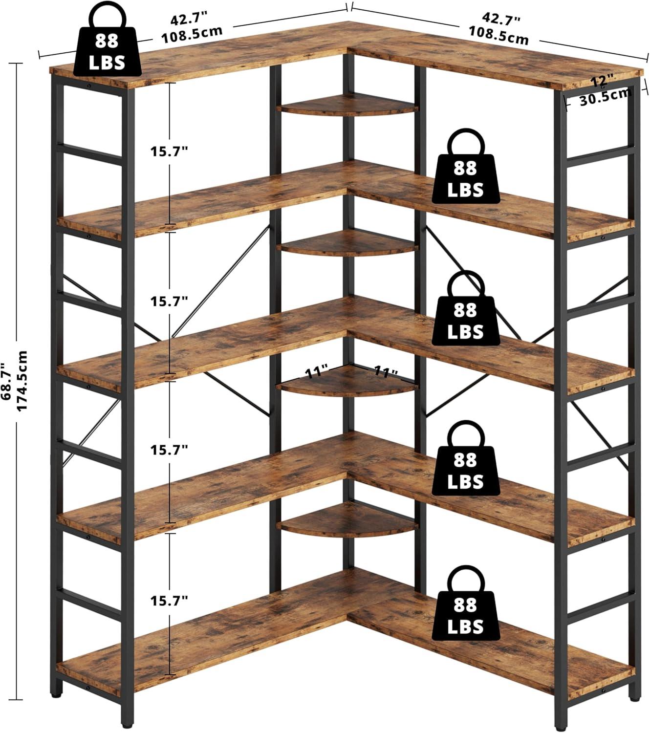 IRONCK Bookcases and Bookshelves, 5-Tiers Corner Bookcase with Curved Panels, L Shaped Shelf with Metal Frame for Open Storage for Living Room Home Office