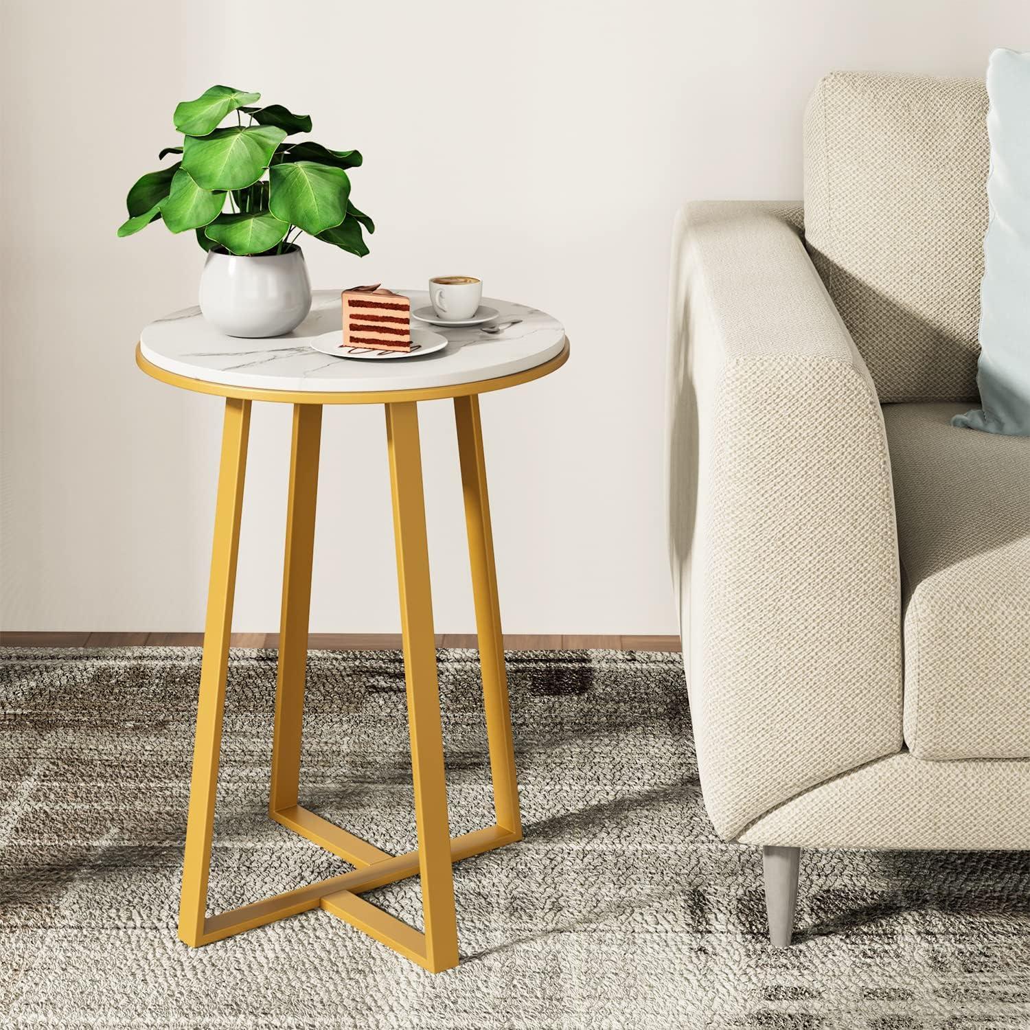 Round White Marble and Gold Metal Side Table