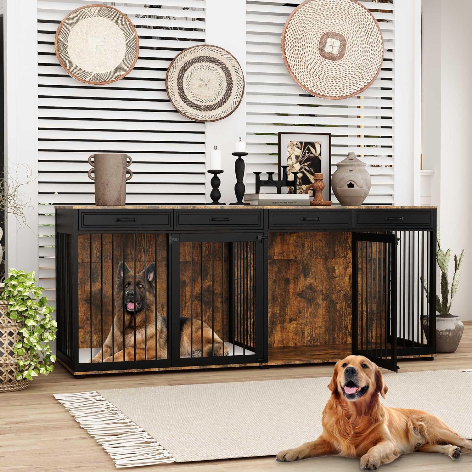 Famapy Spacious Large Double Dog Cage Furniture with Multiple Drawers Black