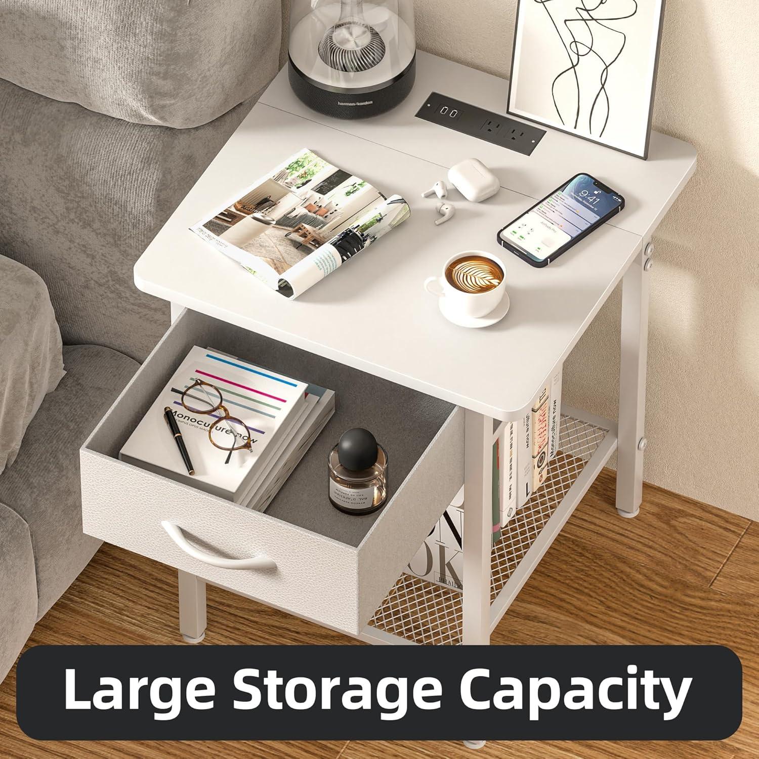 17 Stories Nightstands Set Of 2 With Charging Station And Fabric Storage Drawer,16.5" X 15.8" Side Table With Storage For Bedroom, Bedside Tables With Steel Fram