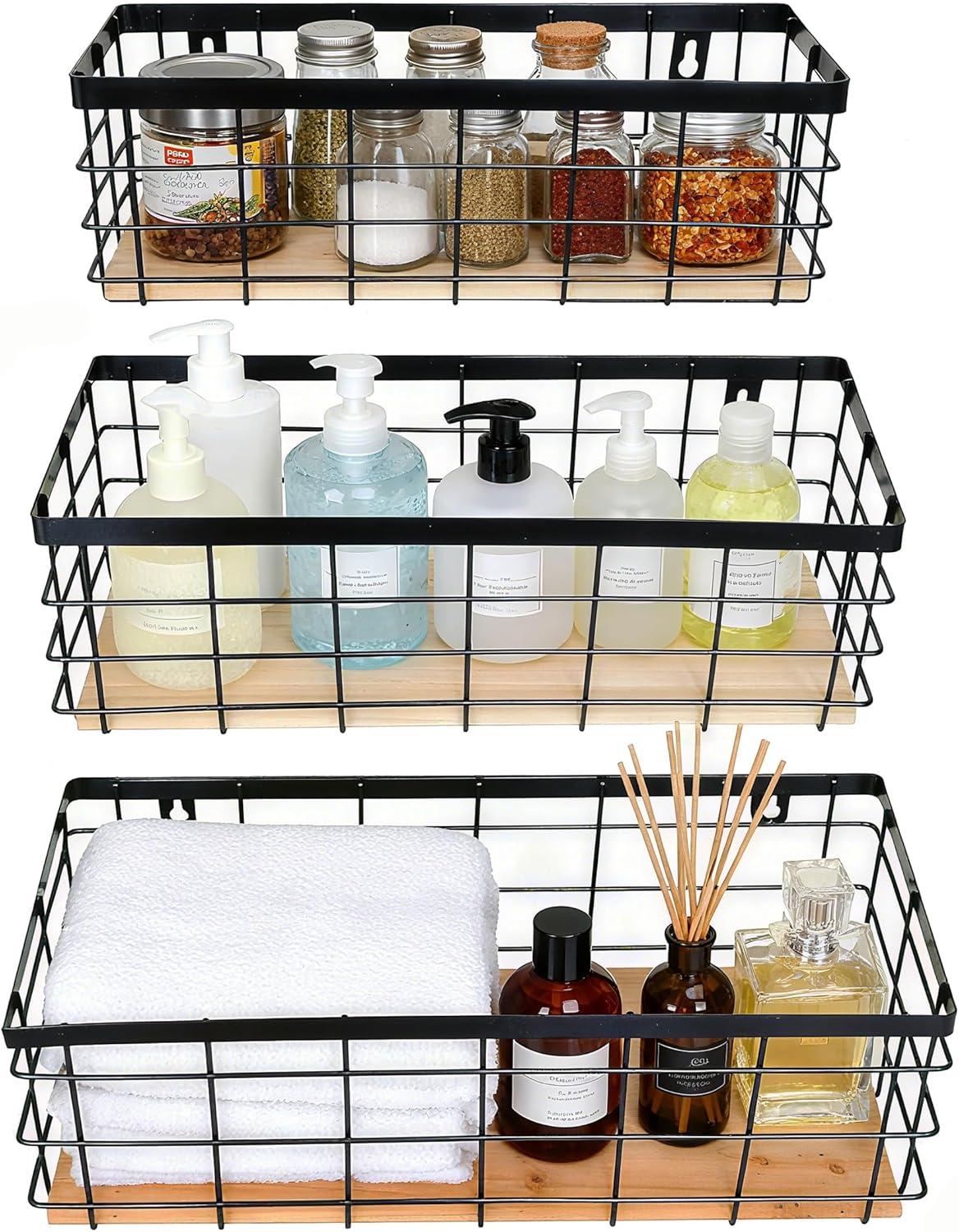 Metal Wire Basket Detachable Wood Base Storage Organizer Farmhouse Small Bins for Kitchen Cabinets, Bathroom, Pantry, Laundry Room, Closets Set of 2,Black Color