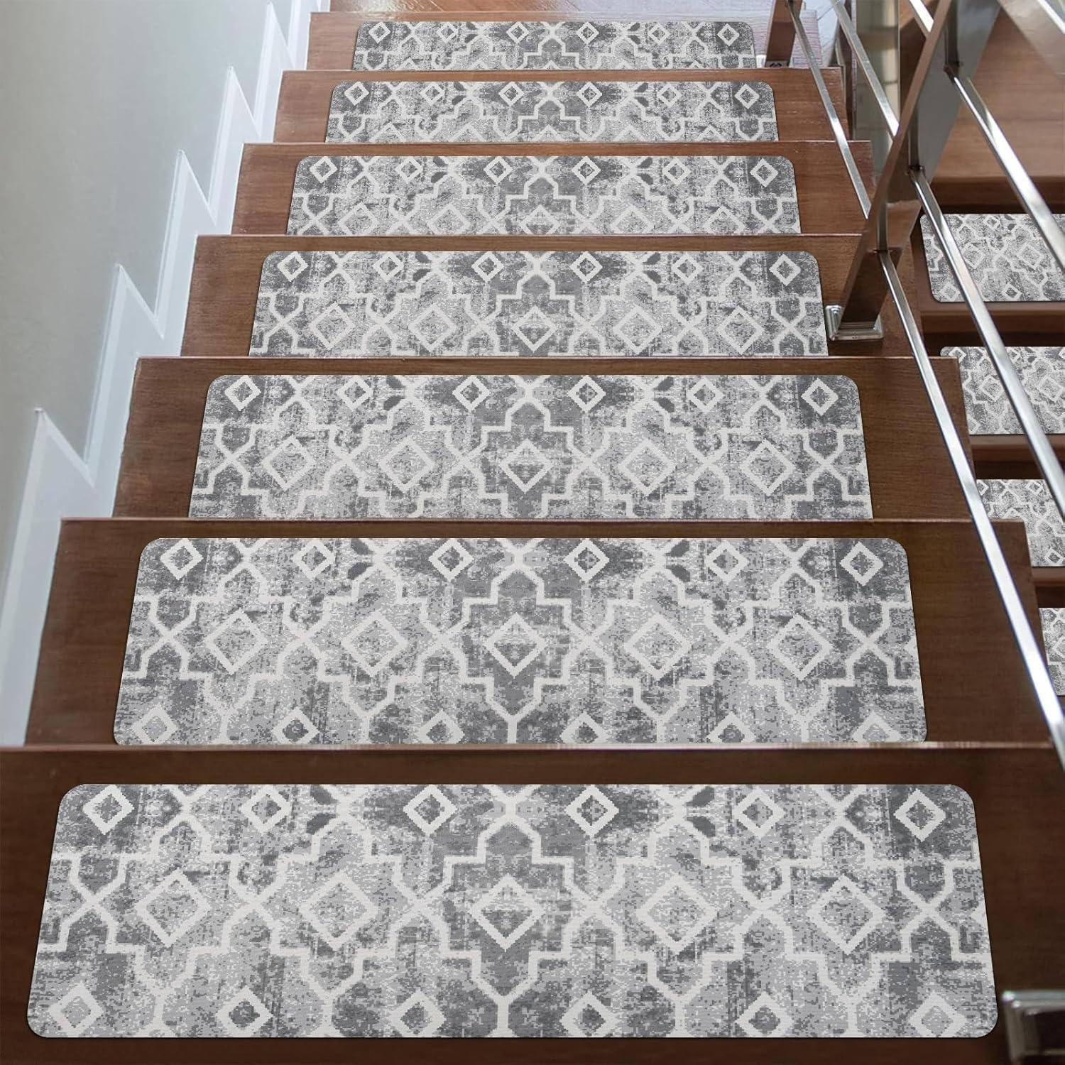 Bungalow Rose Stair Treads Non Slip For Wooden Steps, 15PCS 8"X30" Grey Rubber Backing Stair Runner Mats, Washable Reusable Carpet For Stairs Rugs Indoor Safety Staircase Step Treads For Kids Elders Dogs