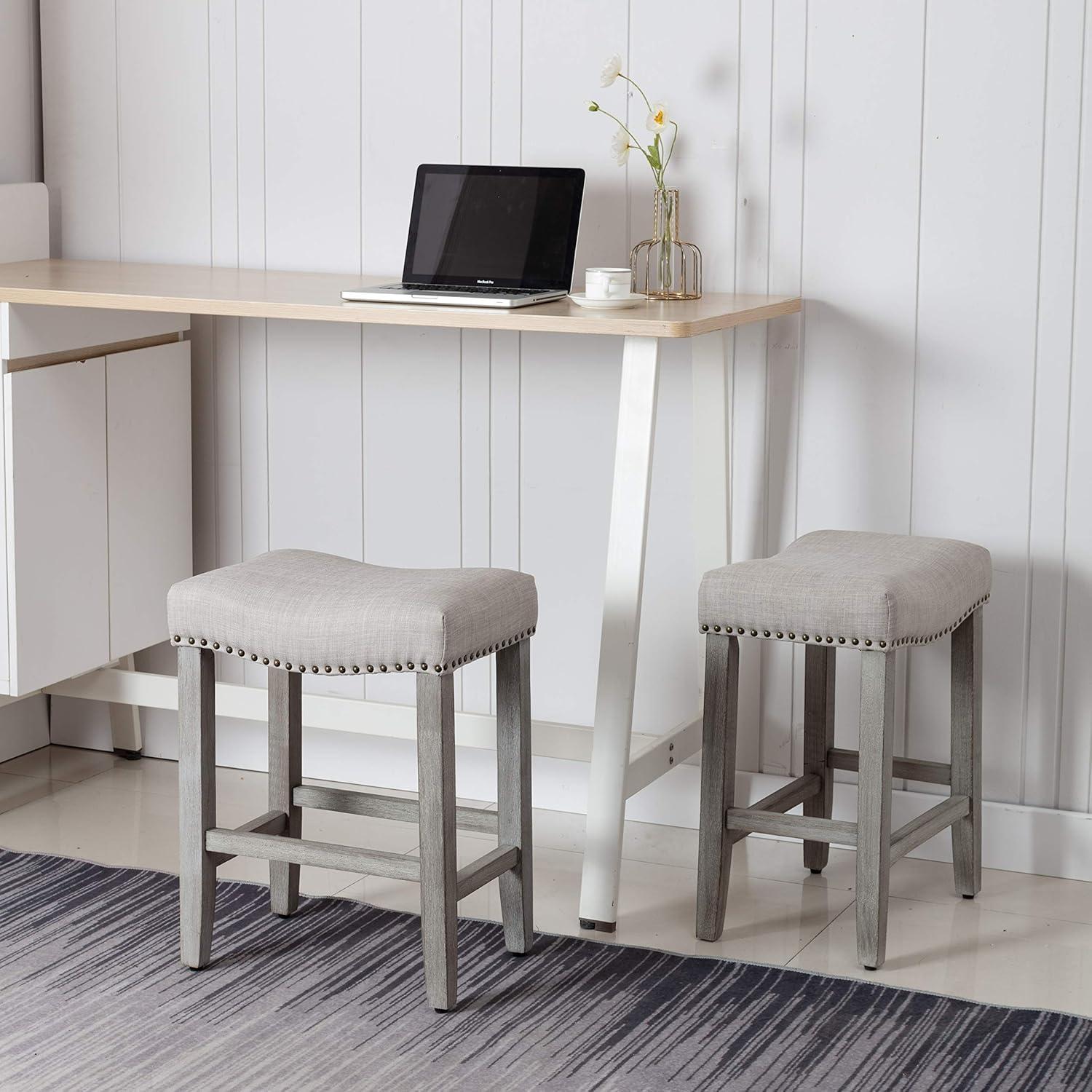 Polytrends Jameson Upholstered Polyester 24" Counter Stool - Gray Legs/ Saddle Seat Antique Gray/Gray Wood Polyester Fabric 250lbs