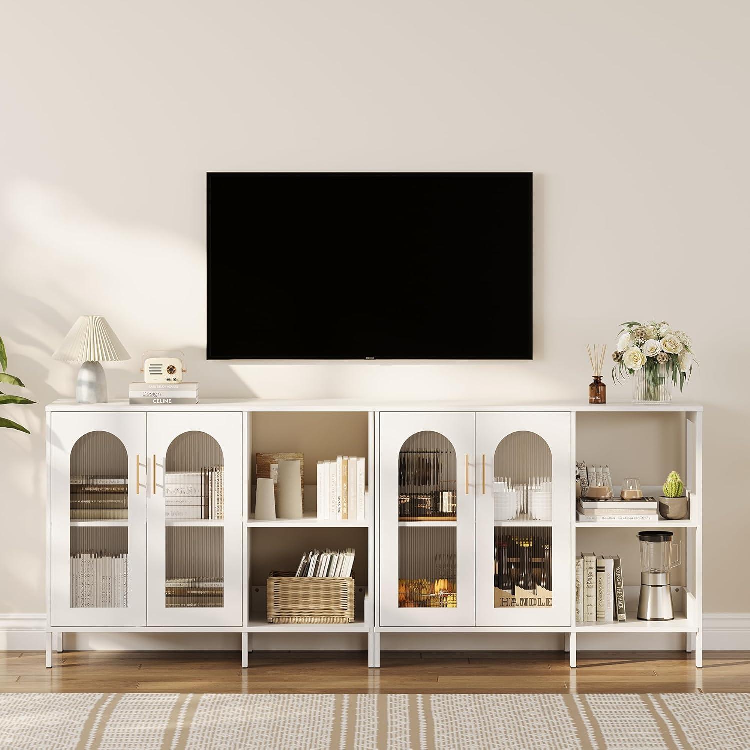 White Wooden Buffet Sideboard Cabinet with Glass Doors and Metal Handles