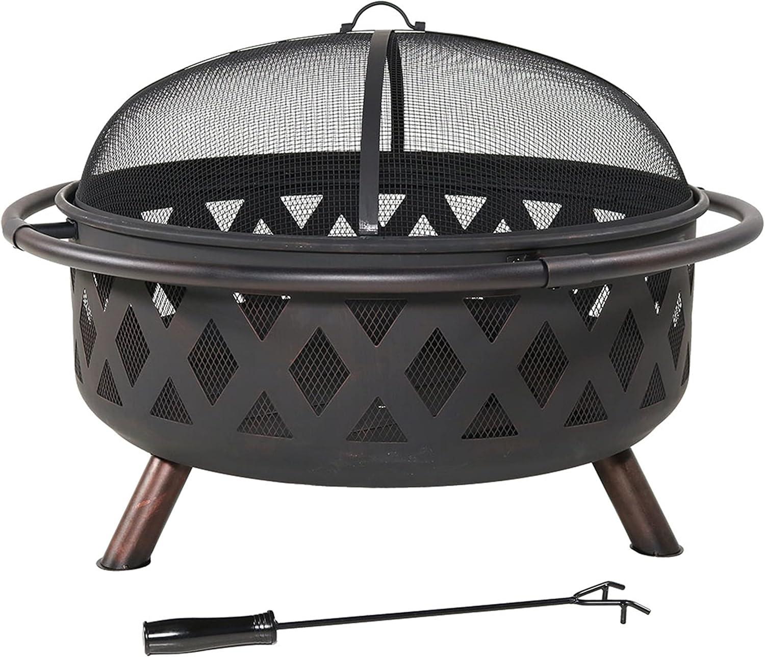 Sunnydaze Crossweave Heavy-Duty Steel Outdoor Fire Pit with Spark Screen, Poker, Grill, and Cover - Black