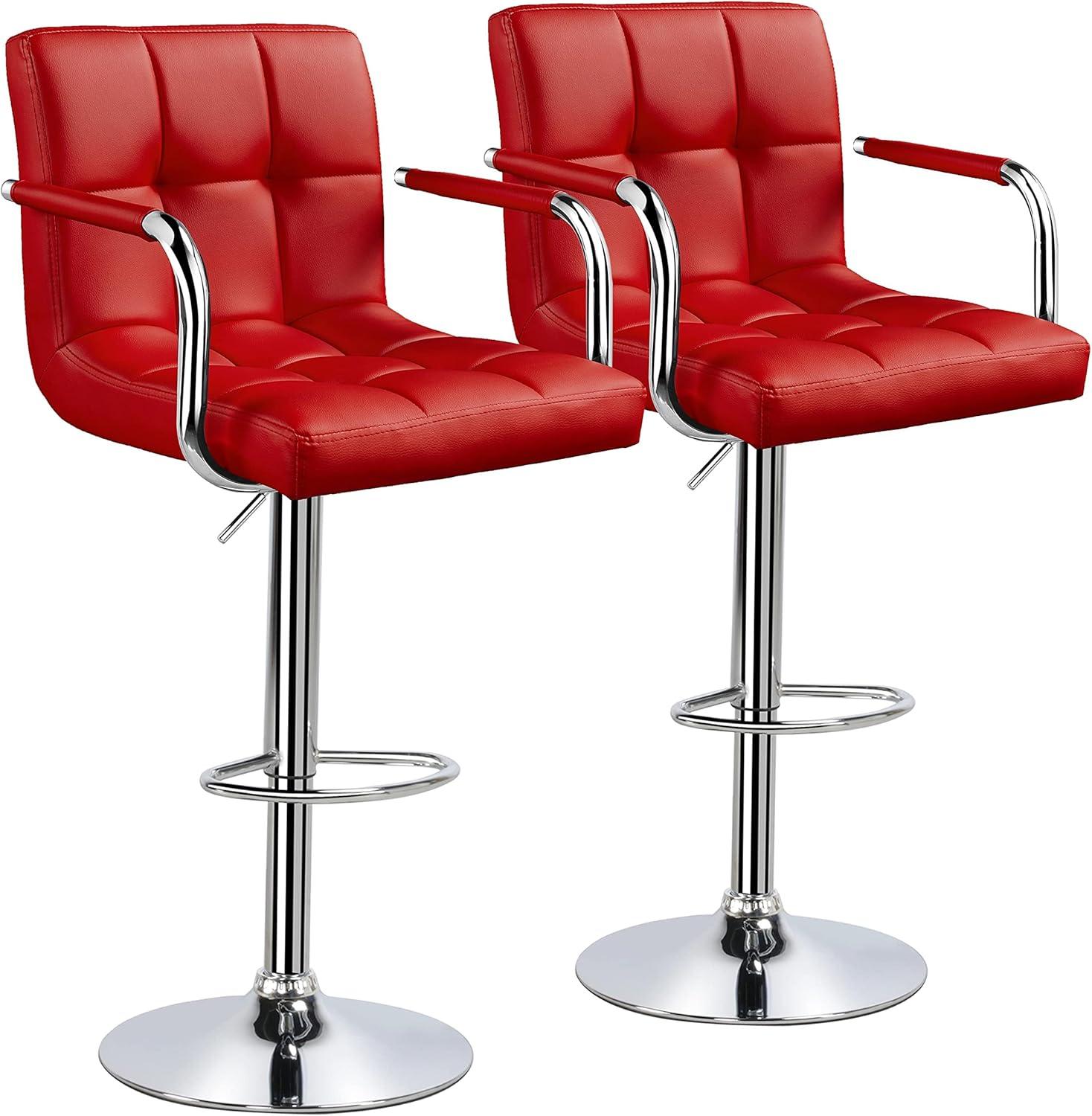 Killeryuki Tall Bar Stools Set of 2 Modern Square PU Leather Adjustable BarStools Counter Height Stools with Arms and Back Bar Chairs 360° Swivel Stool, Red