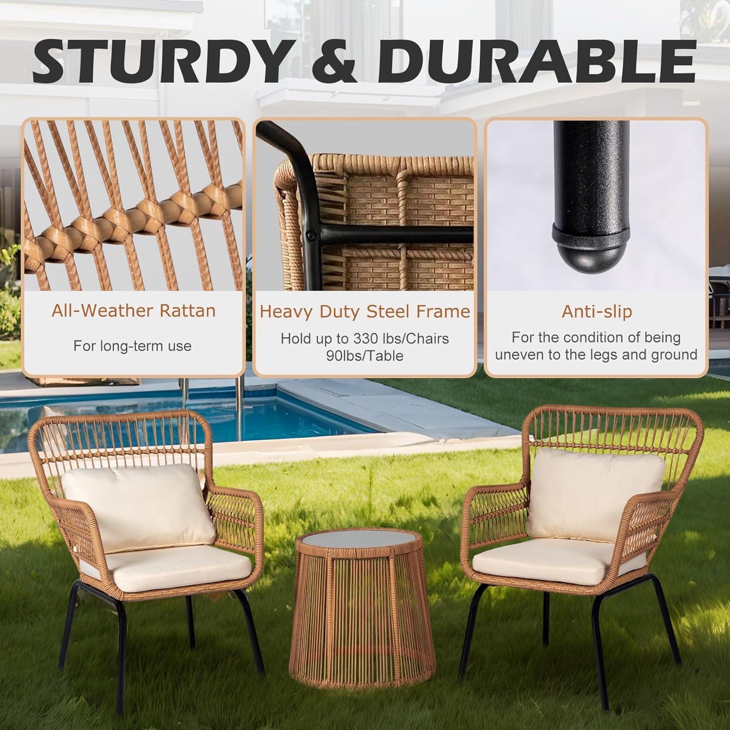 Black Steel and Wicker 3-Piece Patio Bistro Set with Beige Cushions