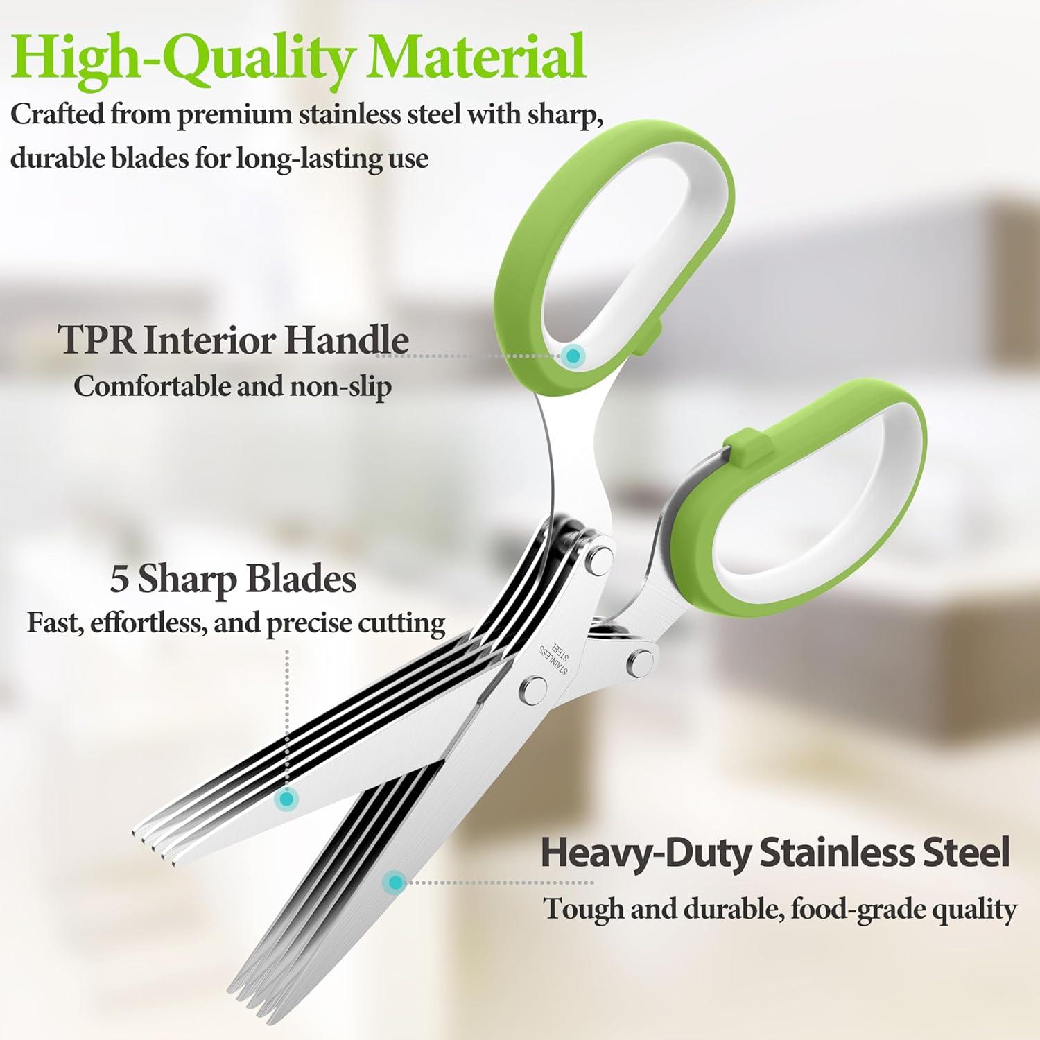 Herb Scissors, Kitchen Herb Shears Cutter with 5 Blades and Cover, Sharp Dishwasher Safe Kitchen Gadget - Green C49