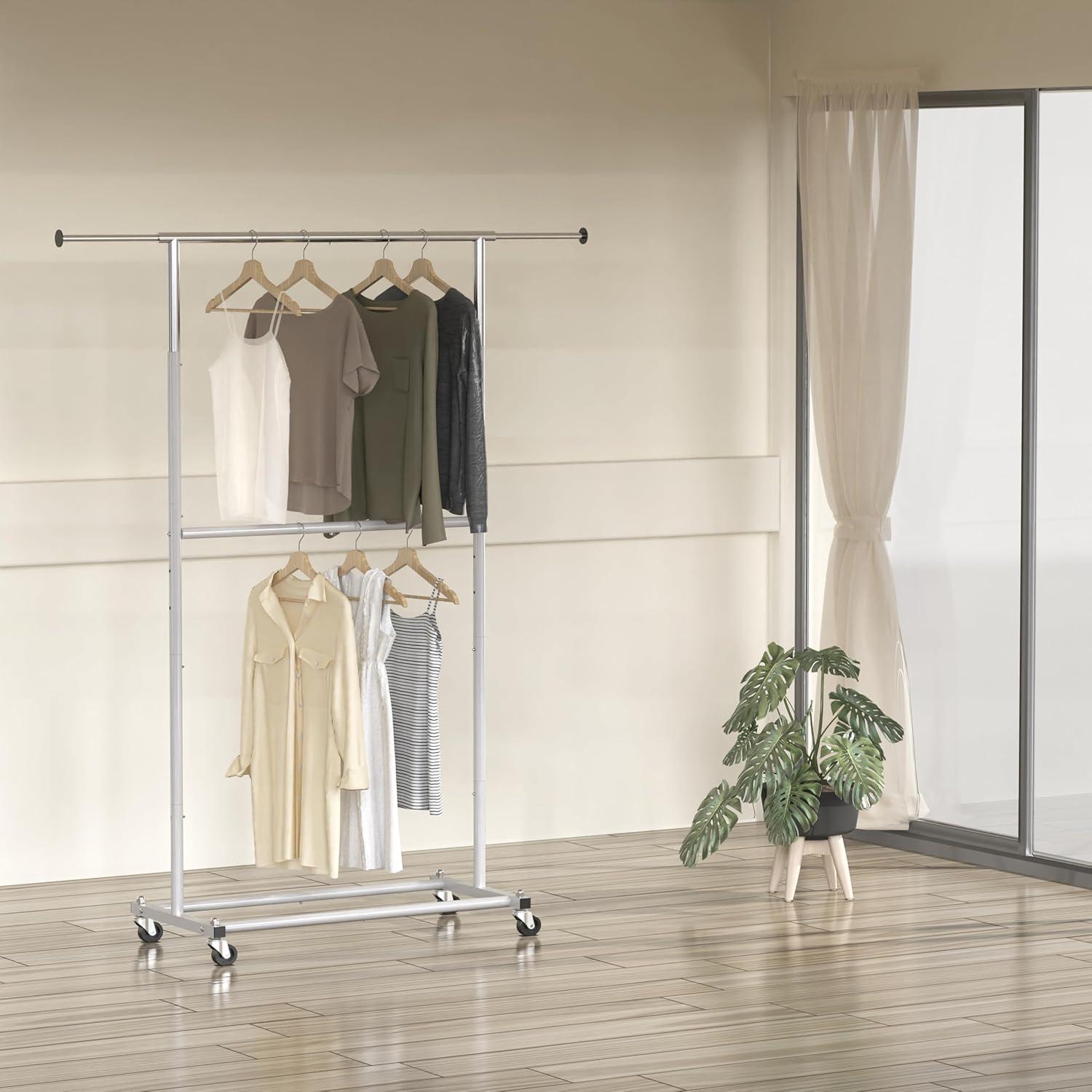 Simple Houseware Double Rod Garment Rack With Wheels and Hooks, Silver