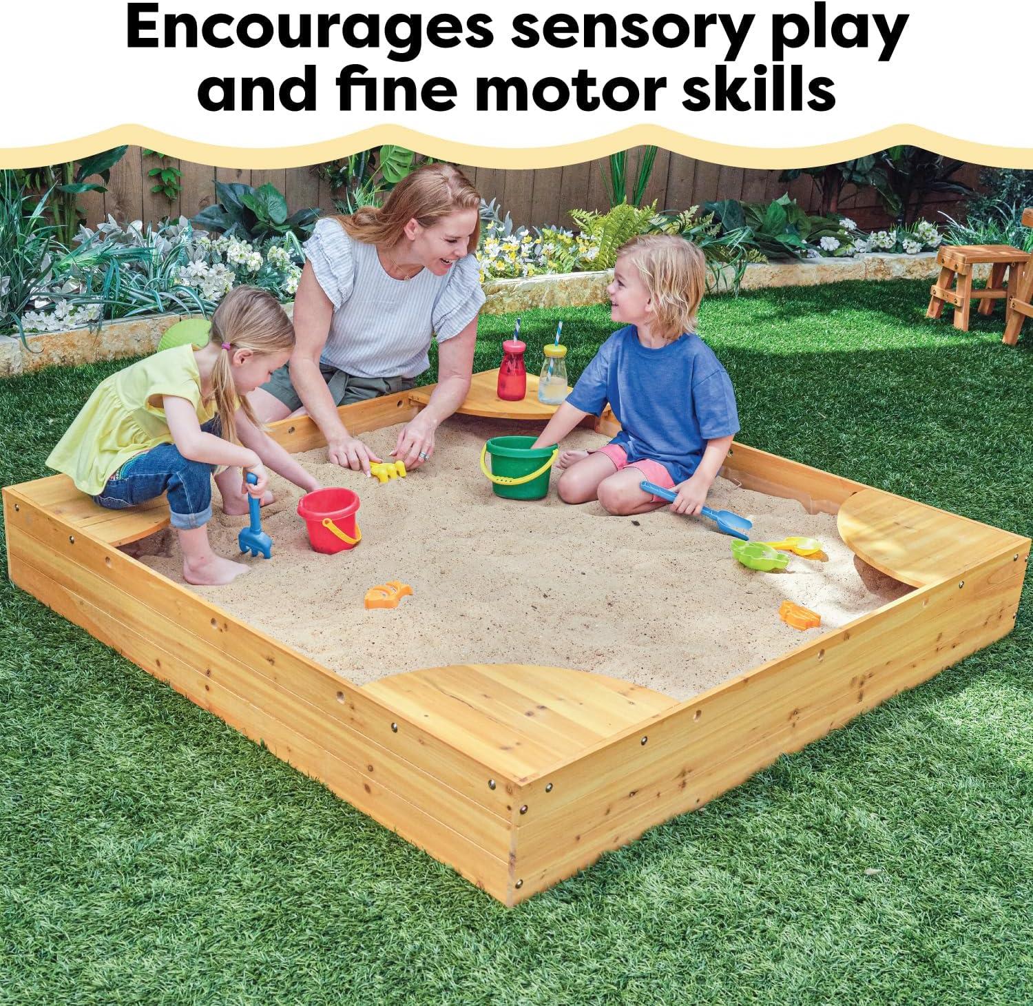 KidKraft Wooden Backyard Sandbox with Built-in Corner Seating and Mesh Cover, Honey