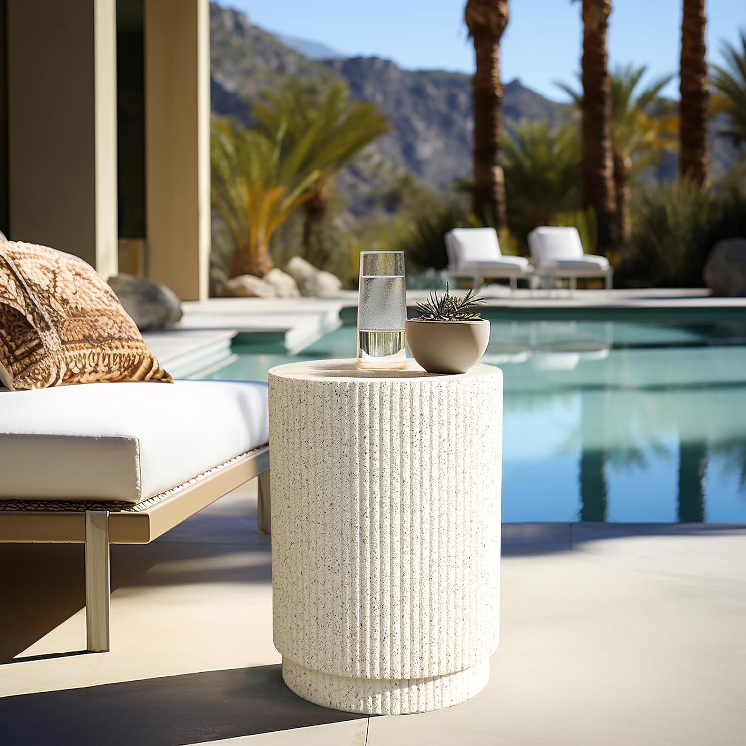 LuxenHome Outdoor Side Table, 17" Ivory White Cement Round Patio End Table,Outdoor Coffee Table for Garden Poolside,Accent Side Table