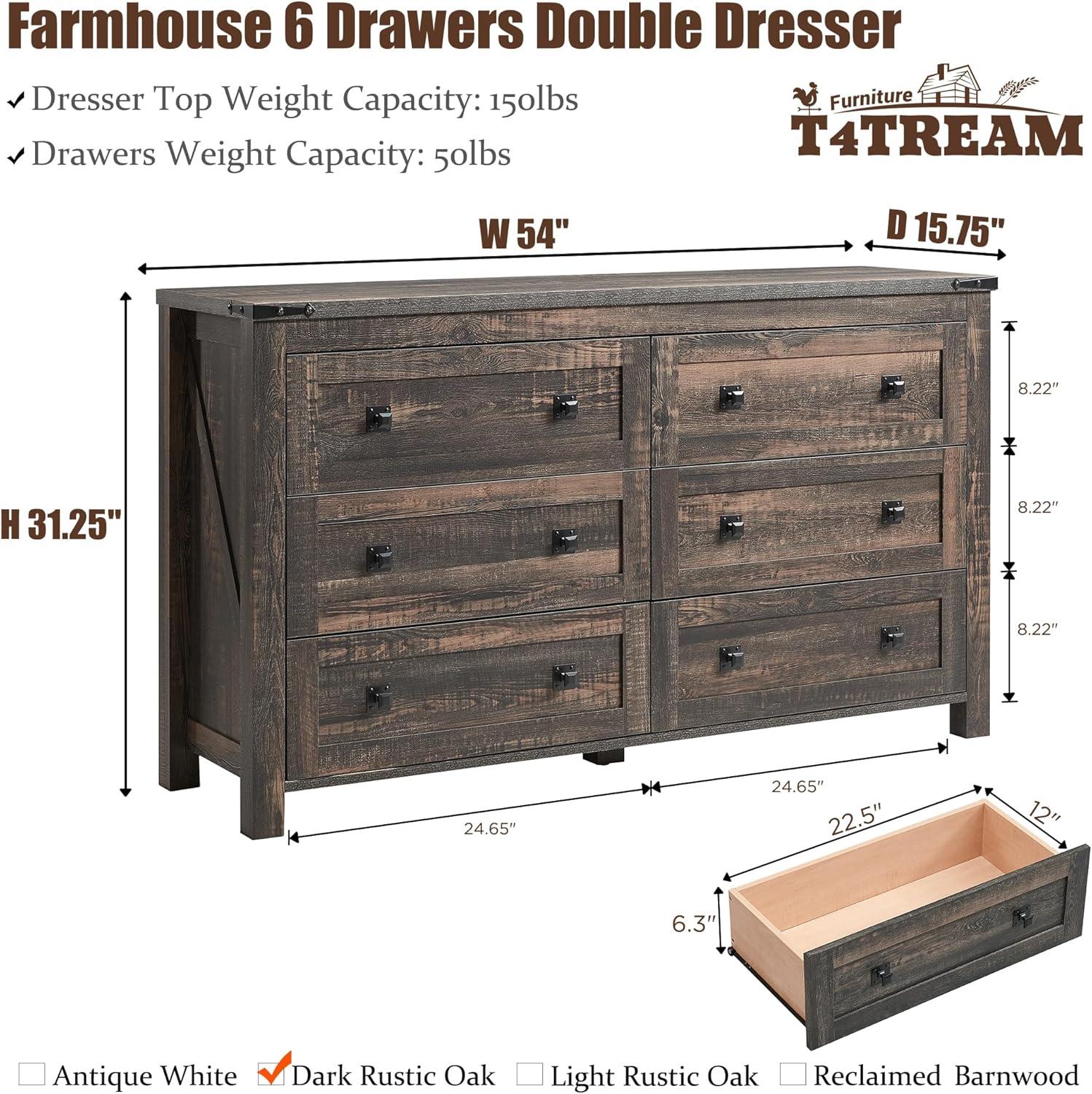 Farmhouse 6 Drawers Dresser for Bedroom, Wood Rustic Wide Chest of Drawers, Storage Dressers Organizer for Bedroom, Living Room, Hallway,Dark Rustic Oak