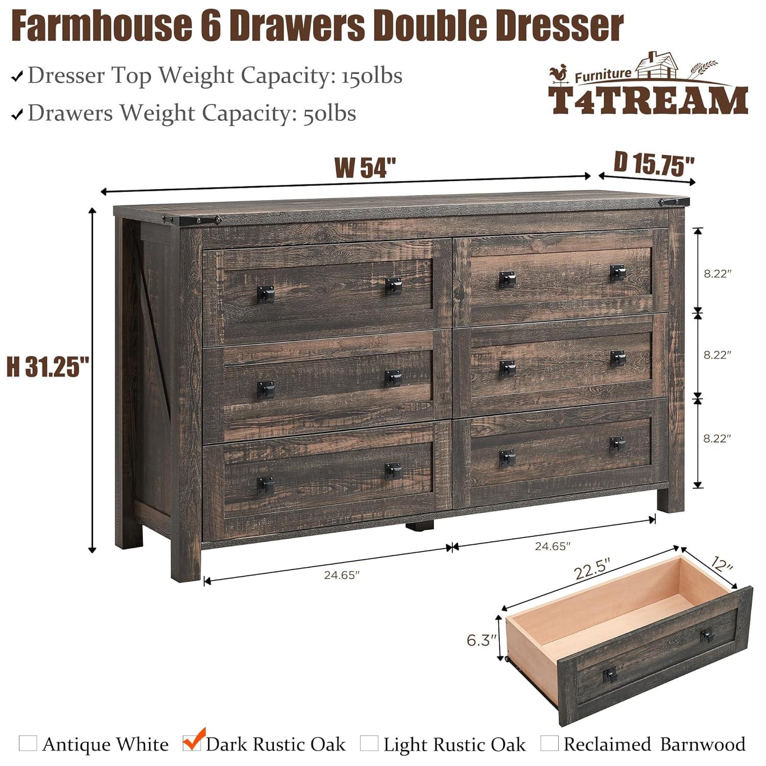 Farmhouse 6-Drawer Dresser - Rustic Dark Oak Storage, 54"L x 16"D x 31"H, Barn Door Style, Antique Brass Knobs, Wide Chest Organizer for Bedroom/Living Room