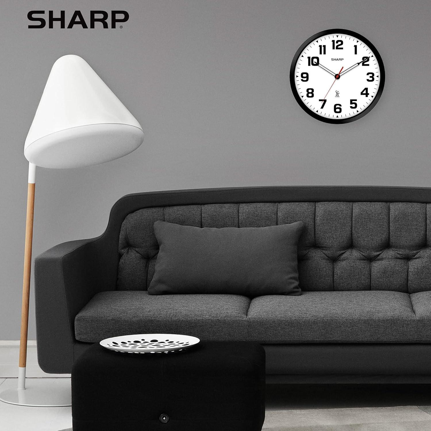 Sharp Atomic Wall Clock 12" Matte Black Automatically Sets Battery Operated Modern Design AQ Analog