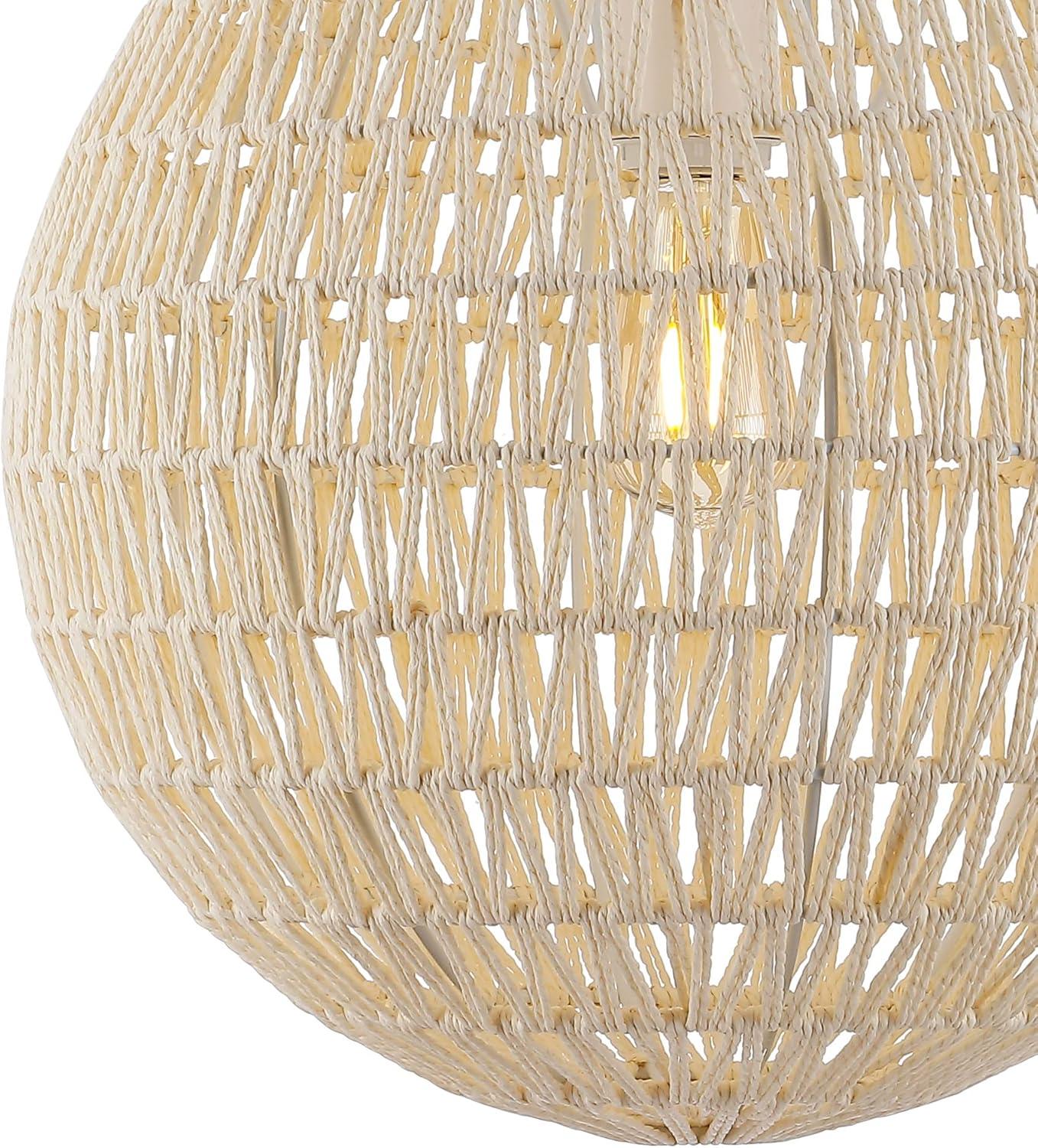Luna 15.75" 1-Light Bohemian Modern Woven Rattan/Iron LED Pendant, Cream/White