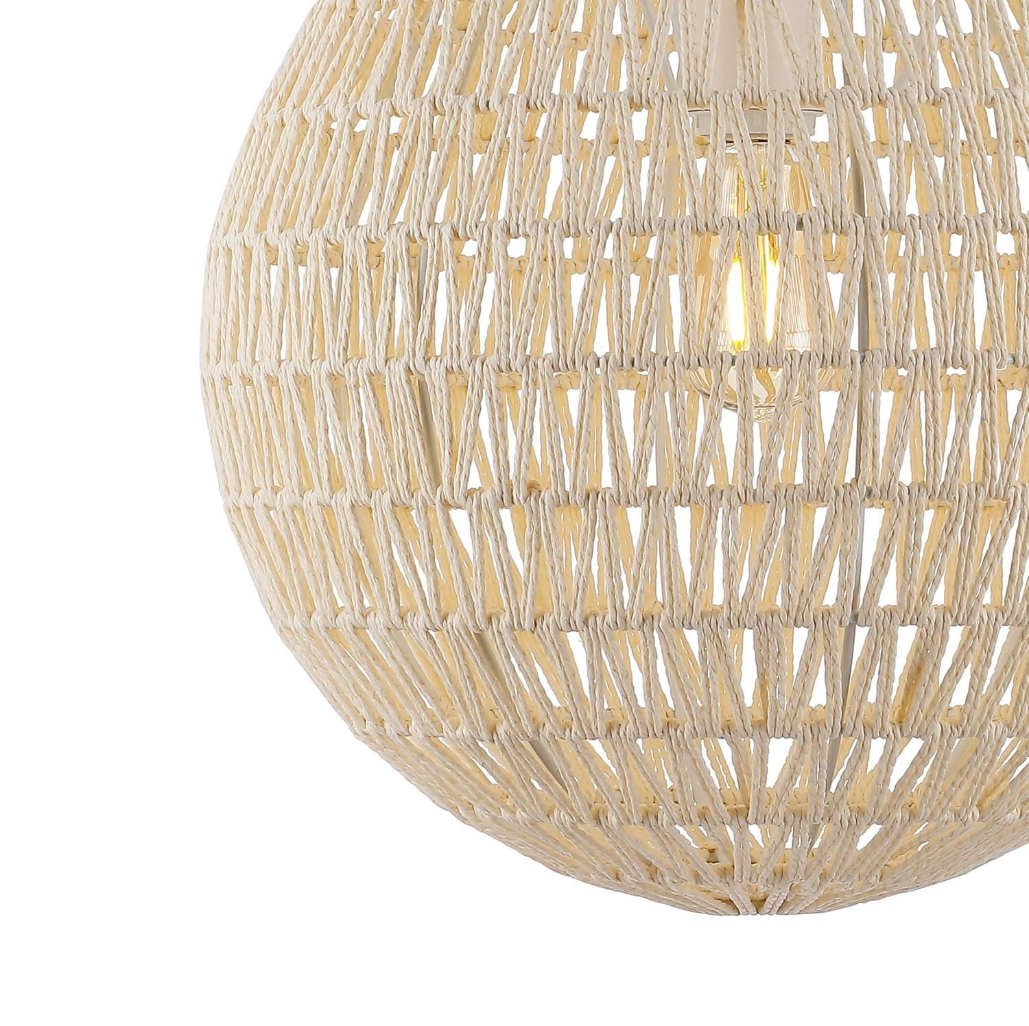 Luna 15.75" 1-Light Bohemian Modern Woven Rattan/Iron LED Pendant, Cream/White