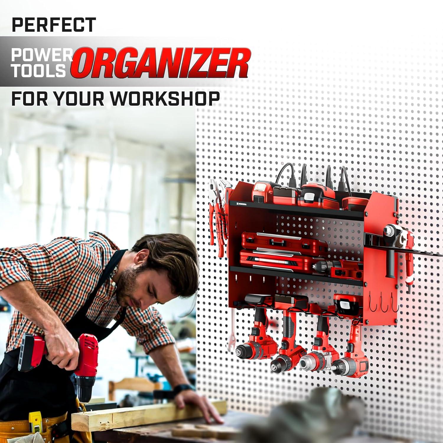 Modular Power Tool Organizer Wall Mount and Tool Charging Station. Garage 4 Drill Storage Shelf with Hooks, Heavy Duty Drill Holder Wall Mount, Tool Battery Holder Built in 8 Outlet Power Strip