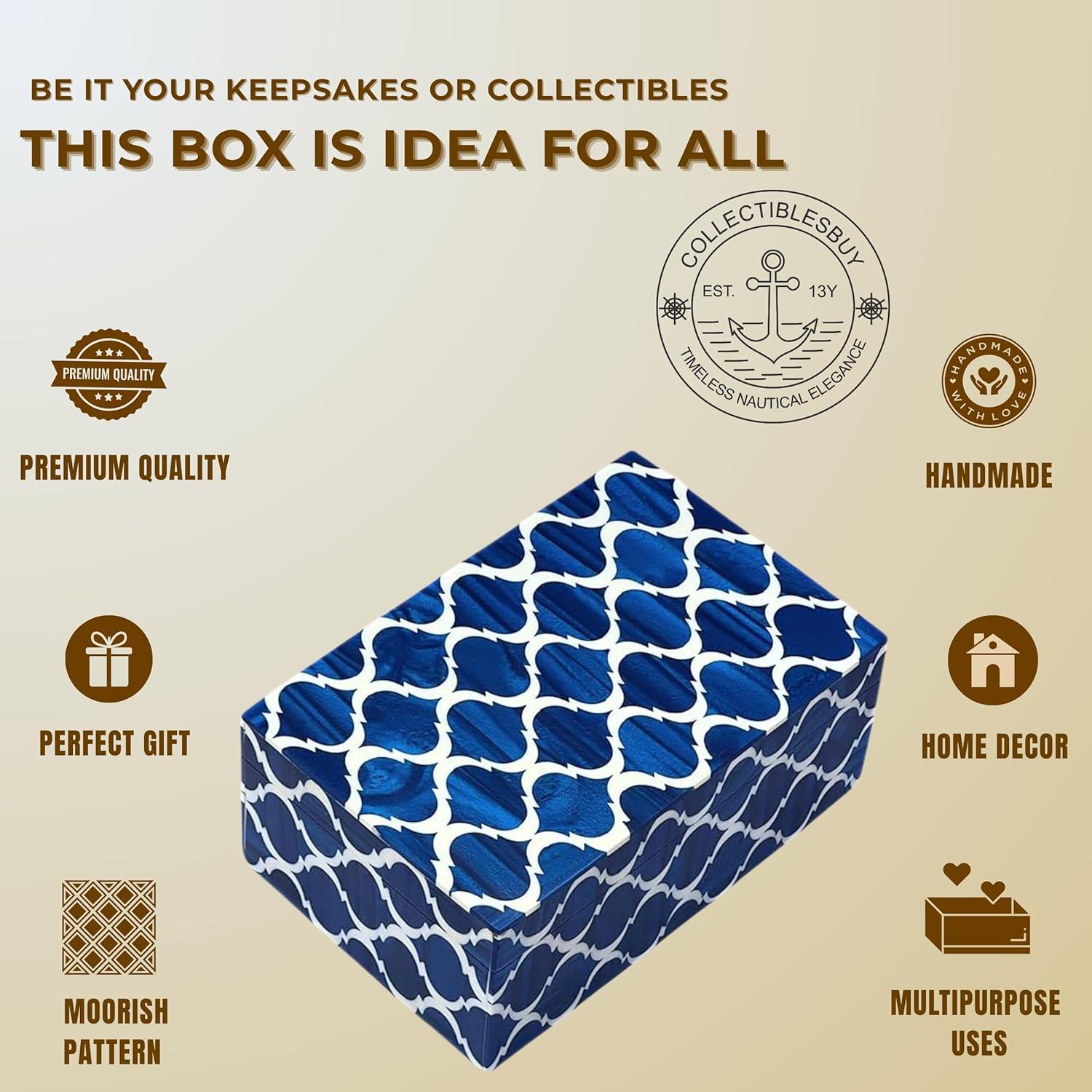 Moroccan Pattern Resin Box Decorative Handmade Storage Box 7x3 x5 inche Blue & White collectiblesbuy