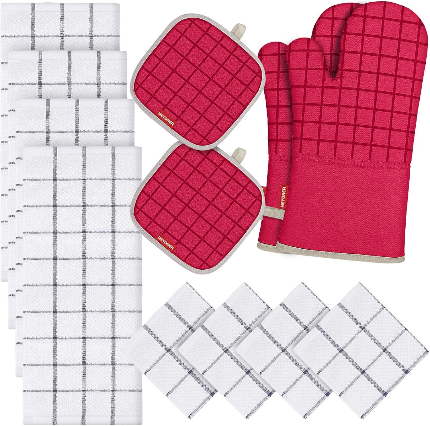 Oven Mitts and Pot Holders Set with Kitchen Towels and Dishcloths, 500 Degree Heat Resistant Oven Gloves and Hot Pads, Premium Soft Cotton Kitchen Hand Towels and Dish Cloth Sets (Red)