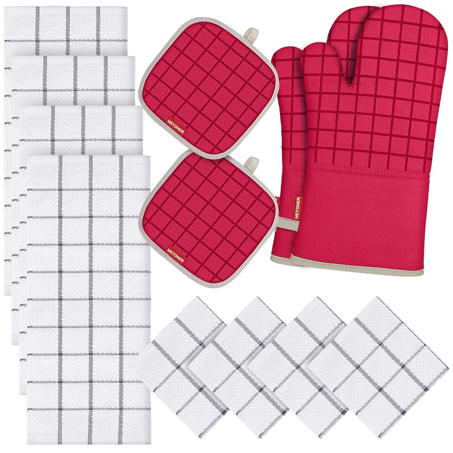 Oven Mitts and Pot Holders Set with Kitchen Towels and Dishcloths, 500 Degree Heat Resistant Oven Gloves and Hot Pads, Premium Soft Cotton Kitchen Hand Towels and Dish Cloth Sets (Red)