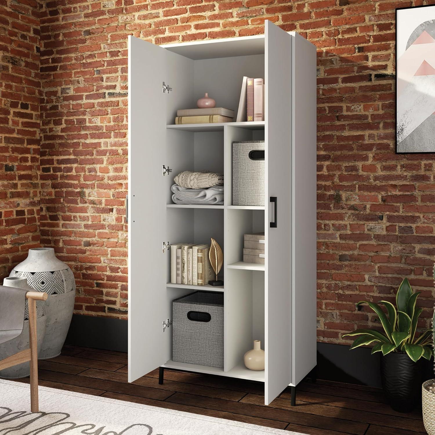 White Tall Storage Cabinet with Adjustable Shelves and Metal Base