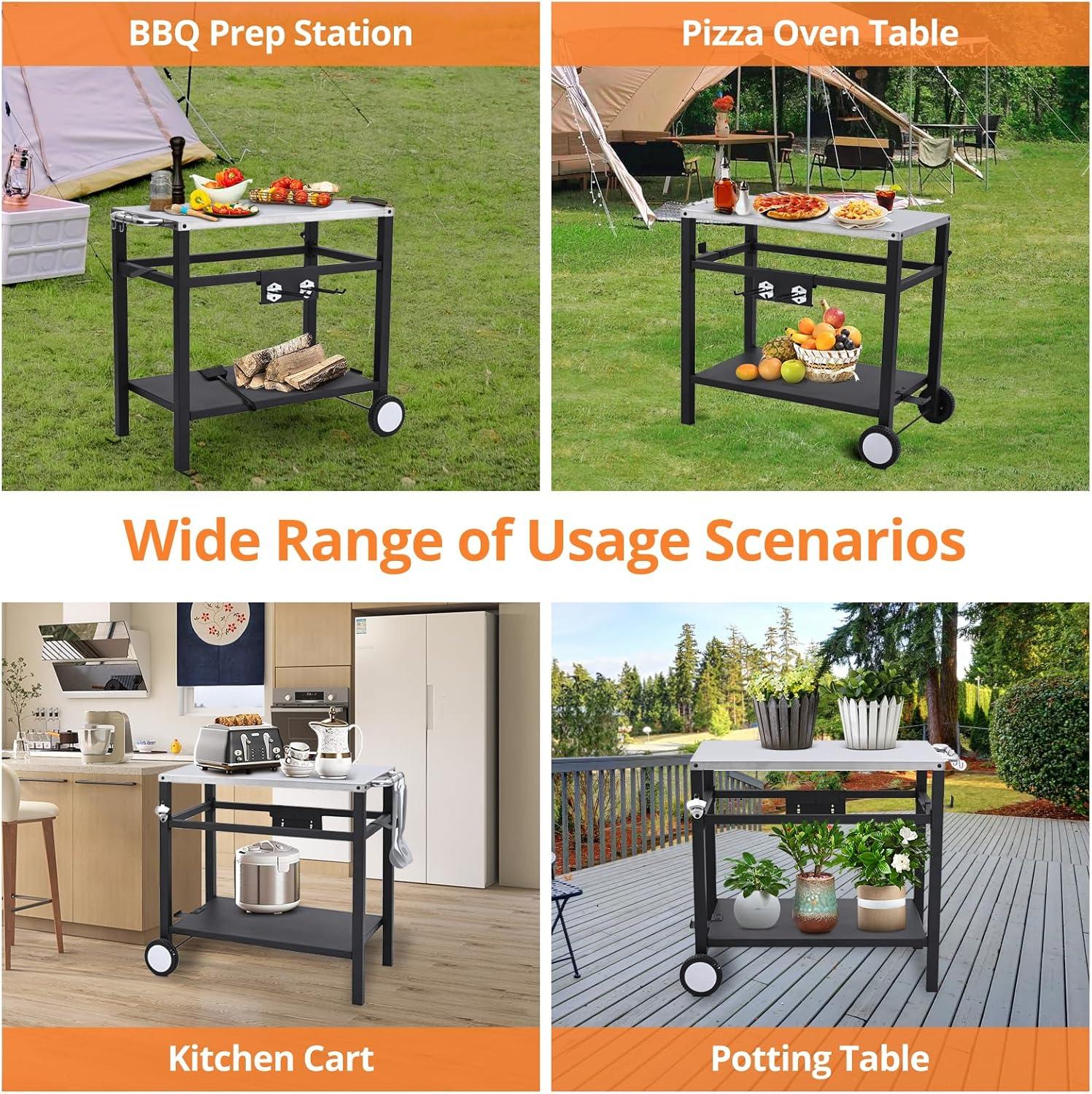 Outvita Outdoor Grill Cart, Movable Food Prep and Work Cart Table, Pizza Oven Stand Table with Wheels, Indoor & Outdoor Multifunctiona BBQ Cart with Mesh Racks for Home Party Camping