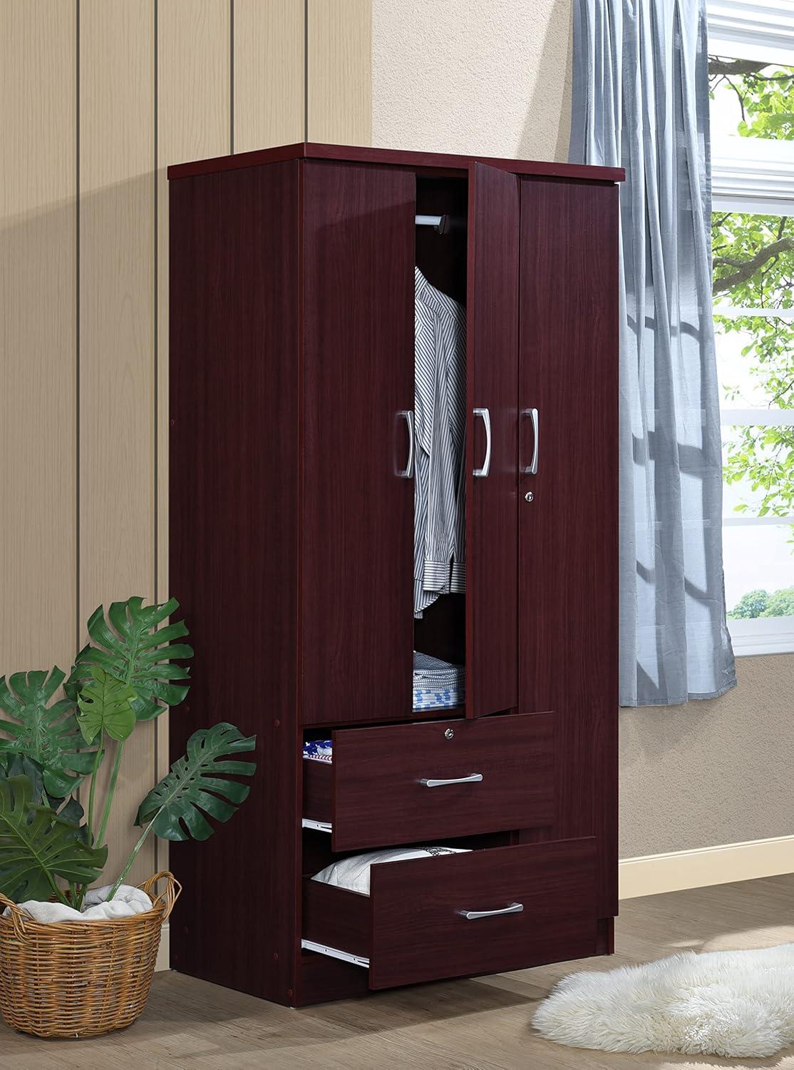 Mahogany 3-Door Armoire with Drawers and Shelves