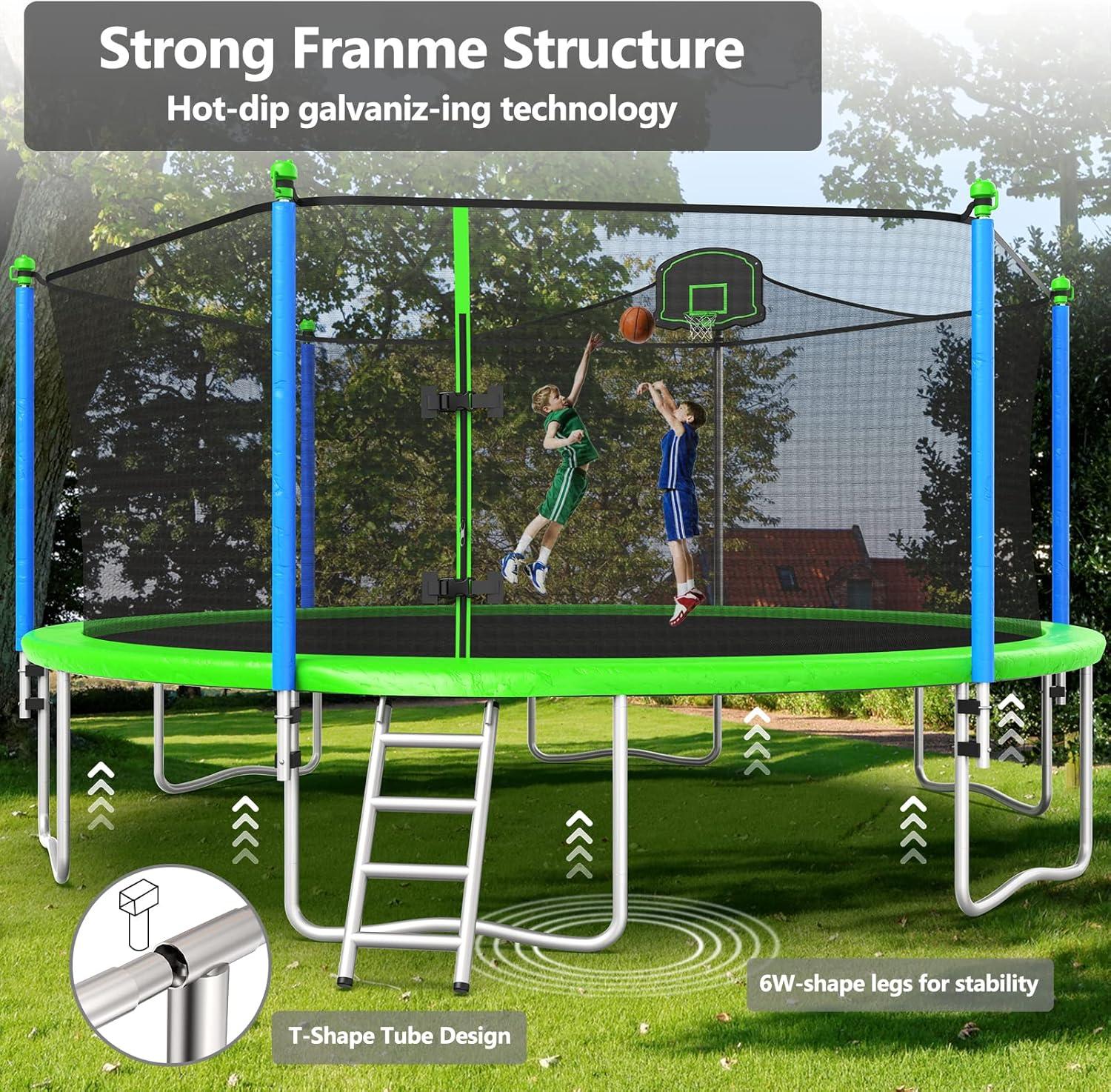 16FT Teal Blue Outdoor Trampoline with Enclosure and Basketball Hoop