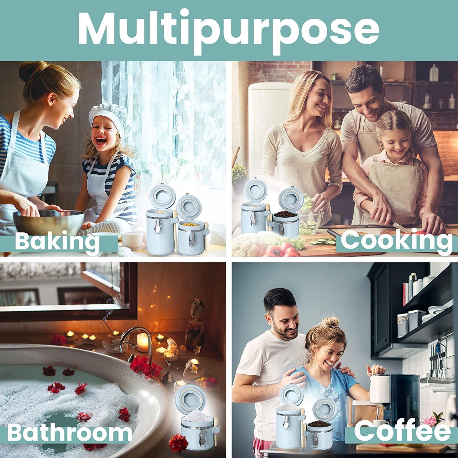 Home Intuition 4-Piece Ceramic Kitchen Canisters Set, Airtight Containers with Wooden Spoons Reusable Chalk Labels and Marker for Sugar, Coffee, Flour, Tea (Light Blue)