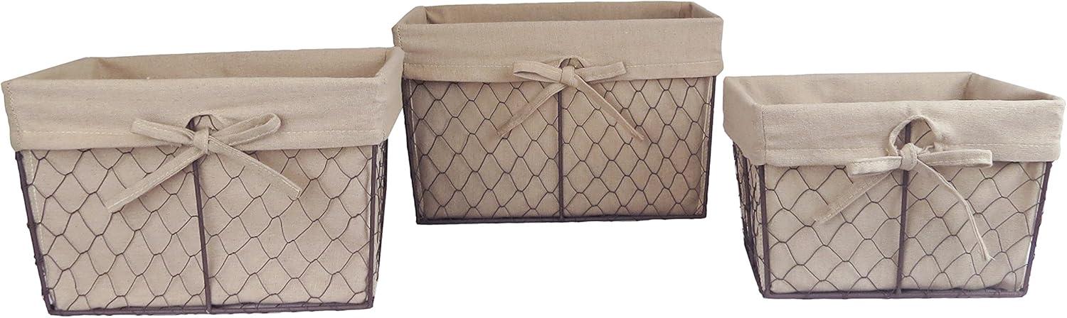 Rustic Country Rectangular Wire Basket Set with Beige Liners, Set of 3