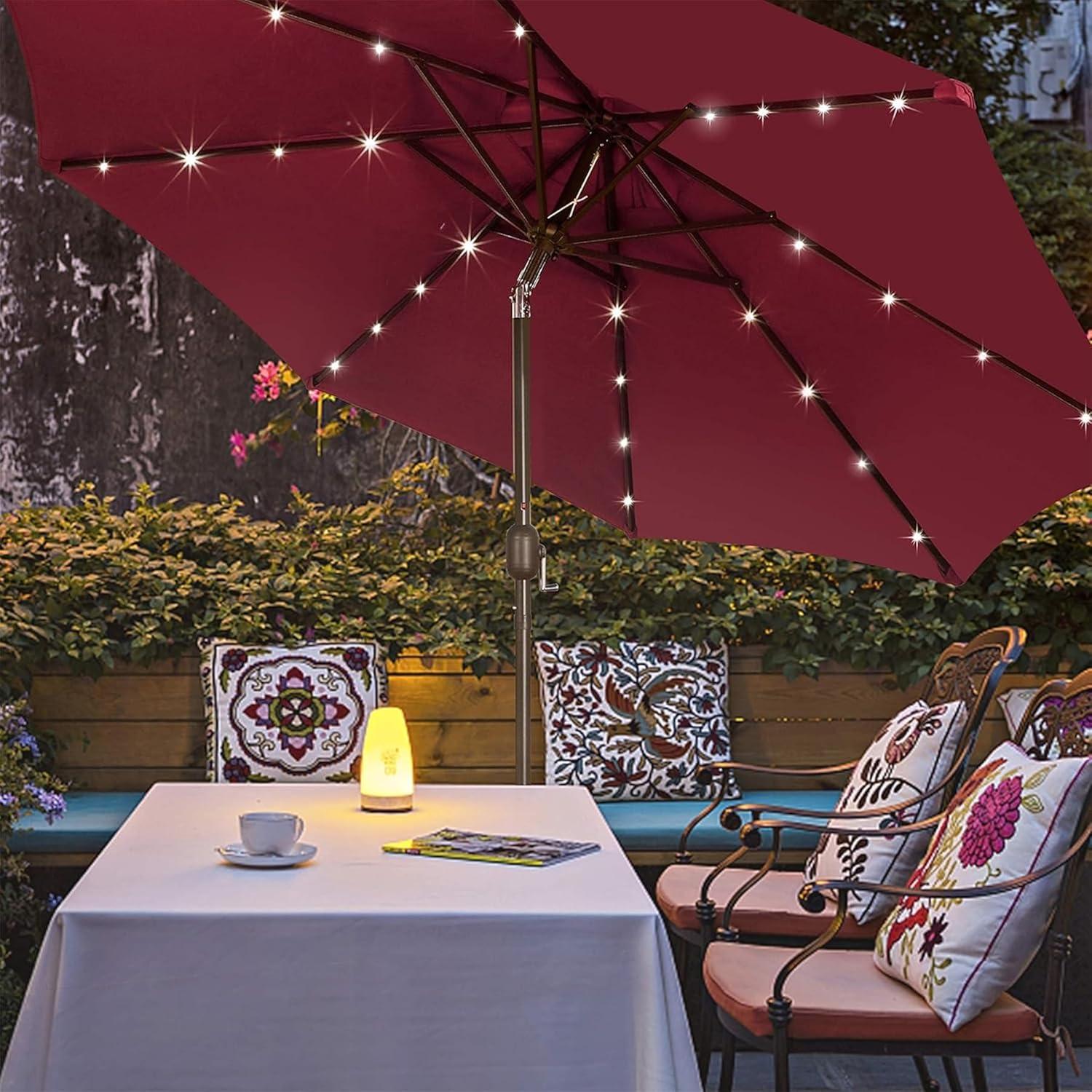 Burgundy 9 ft. LED Lighted Market Beach Umbrella with Aluminum Pole