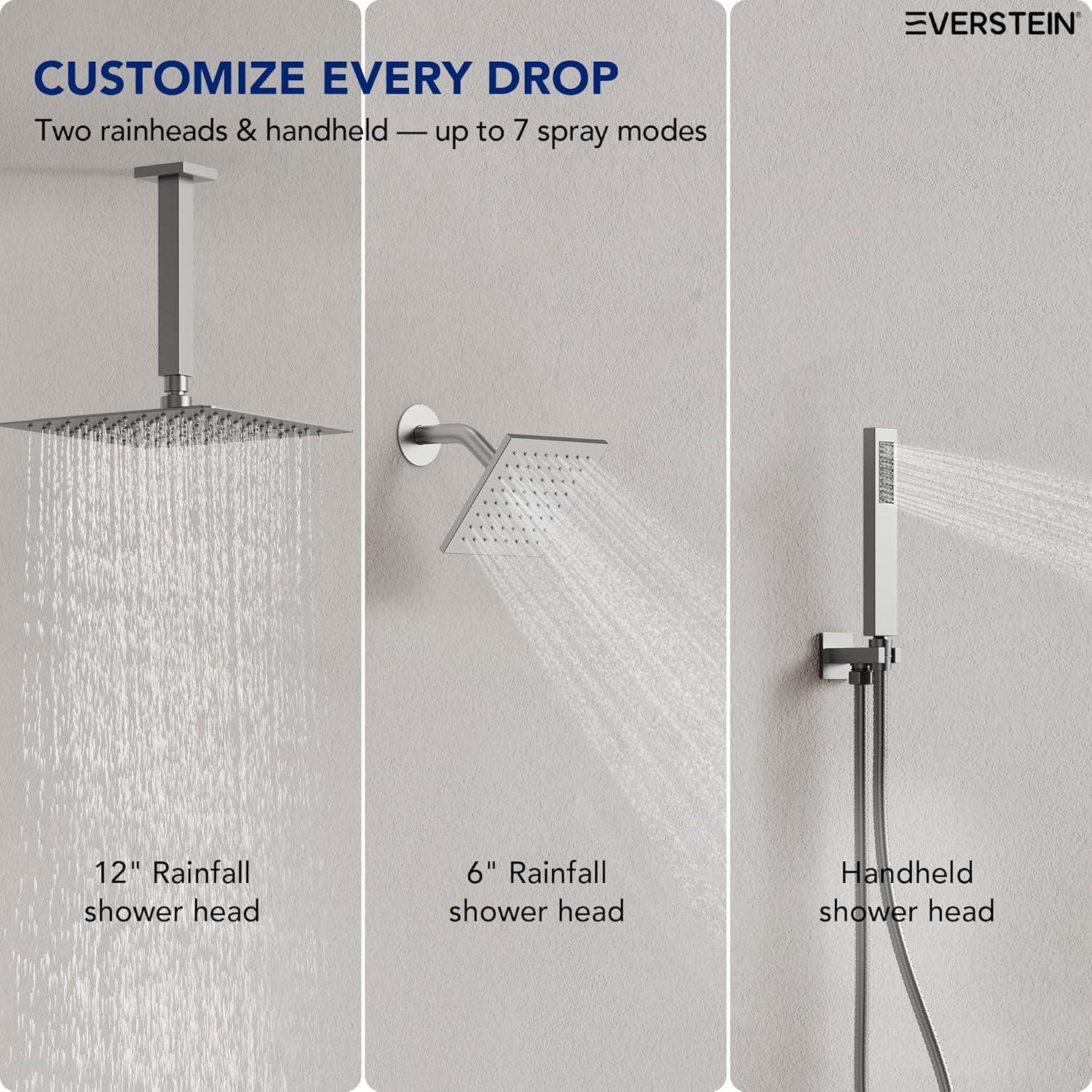 EVERSTEIN Thermostatic Rainfall Shower Faucet, 12-Inch High-Pressure Dual Showerheads System with Rough-In Valve SFS1007-NK12