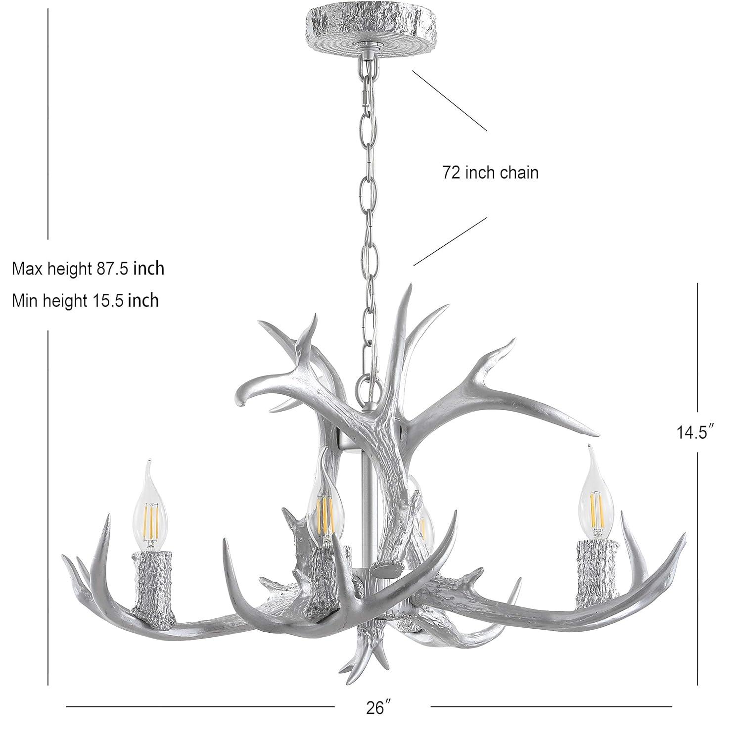 JONATHAN Y JYL6301C Eldora 26" Adjustable Resin Antler 4-Light LED Chandelier, Farmhouse, Glam, Transitional, Rustic, Cottage for living room, dinning room, bedroom, office Bulb Included, Silver
