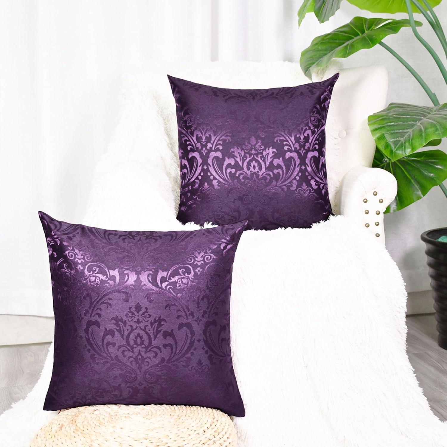 CaliTime Pack of 2 Throw Pillow Covers Cases for Couch Sofa Home Decoration Vintage Damask Floral Shining & Dull Contrast 16 X 16 Inches Deep Purple