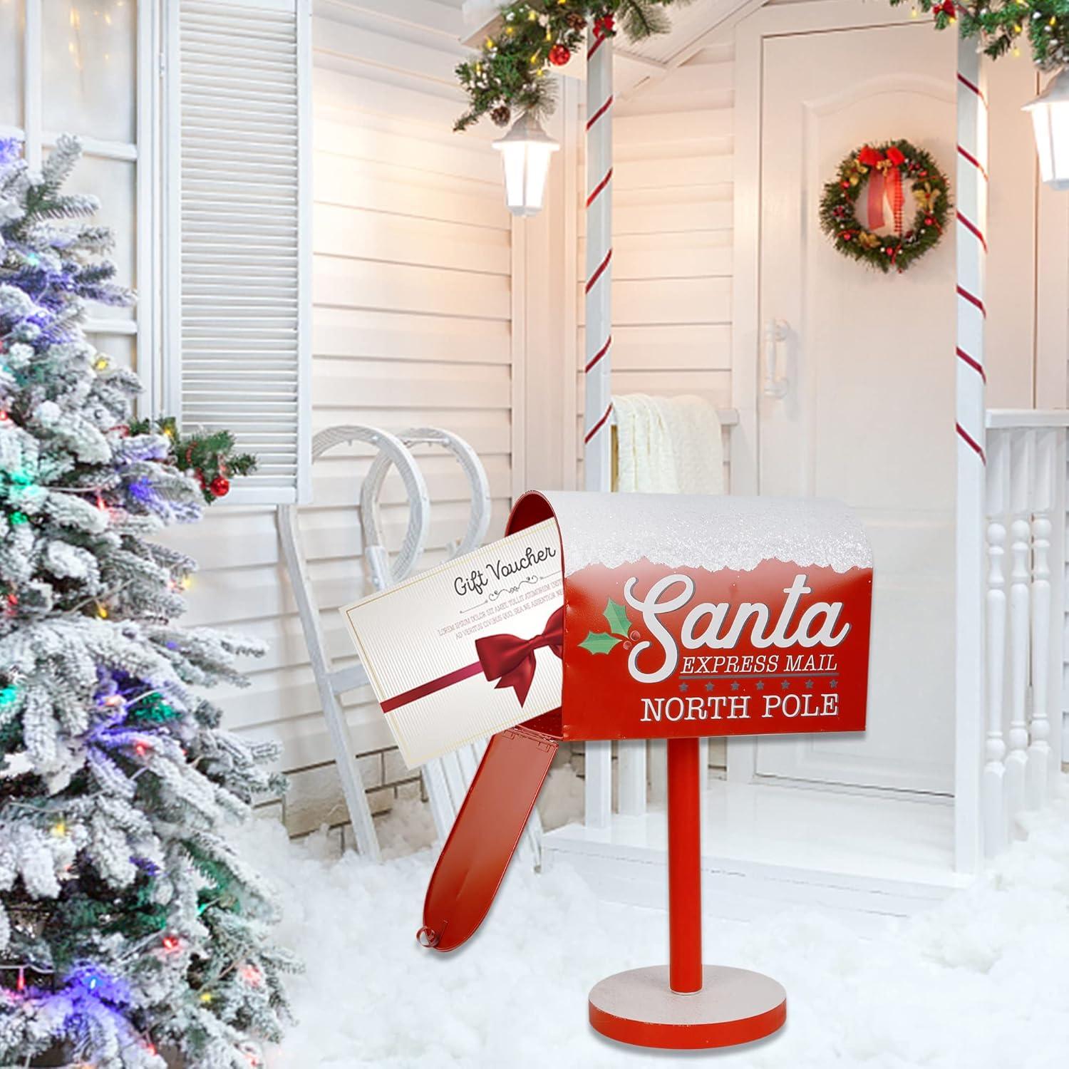 Christmas Decorations Santa Mailbox, 15.5" H x 9.5" W Express Mail to North Pole Metal Letter Box, Christmas Decorative Box for Home Room Indoor Outdoor Front Door Xmas Holiday Party