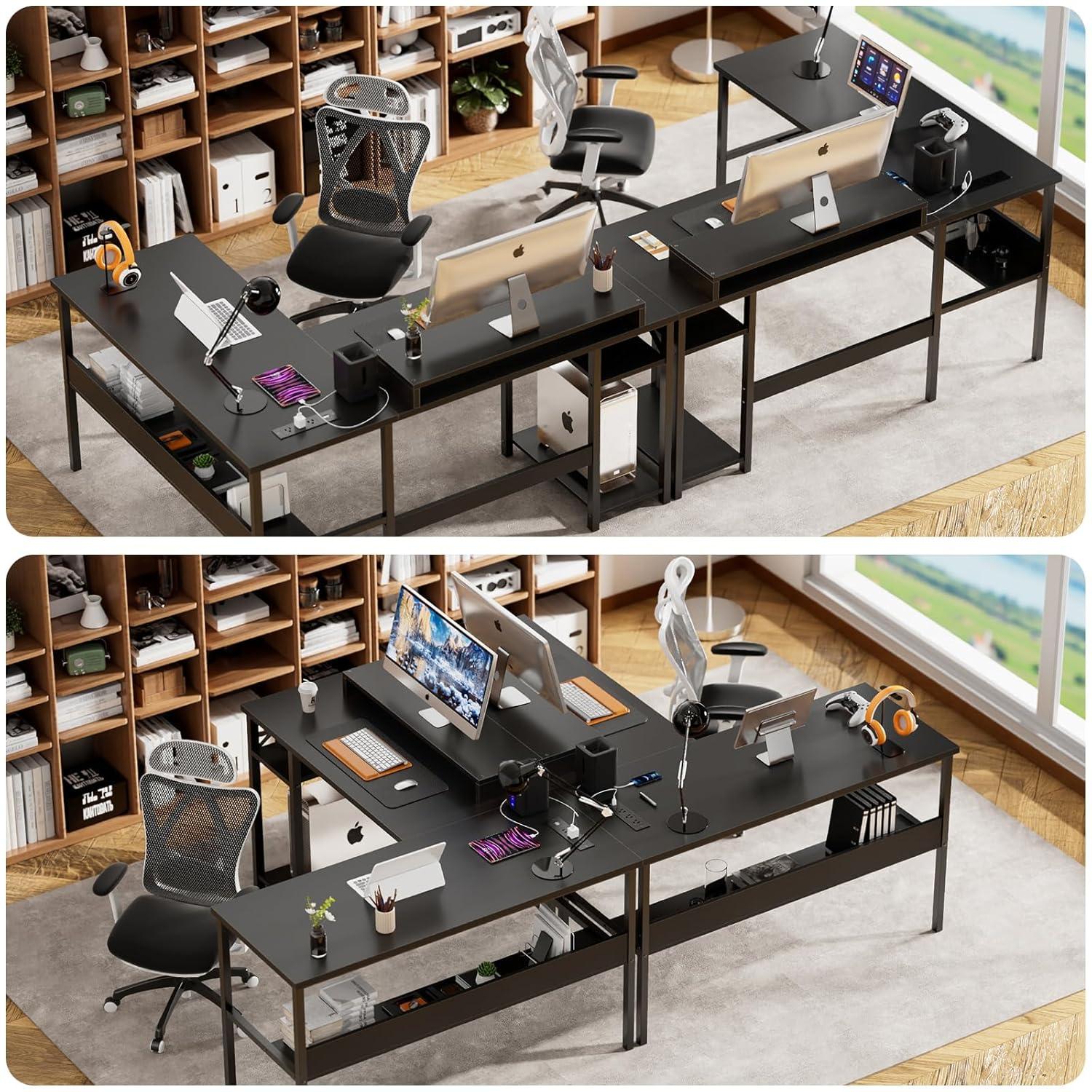 Homieasy Reversible L Shaped Desk with Magic Power Outlets and USB Charging Ports, Sturdy Corner Computer Desk with Storage Shelves, Gaming Table Home Office Desk, Easy to Assemble, Black