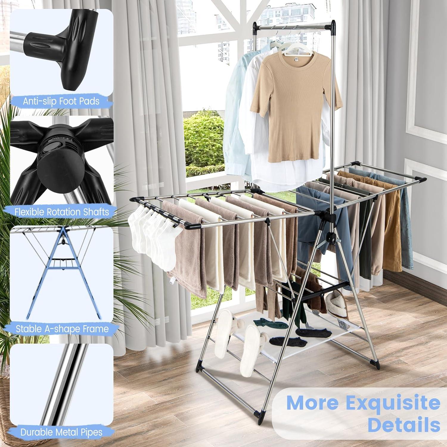 Topbuy Clothes Drying Rack Aluminum Gullwing Style Rack with 6-Level Adjustable Height High Hanger Design Side Clips